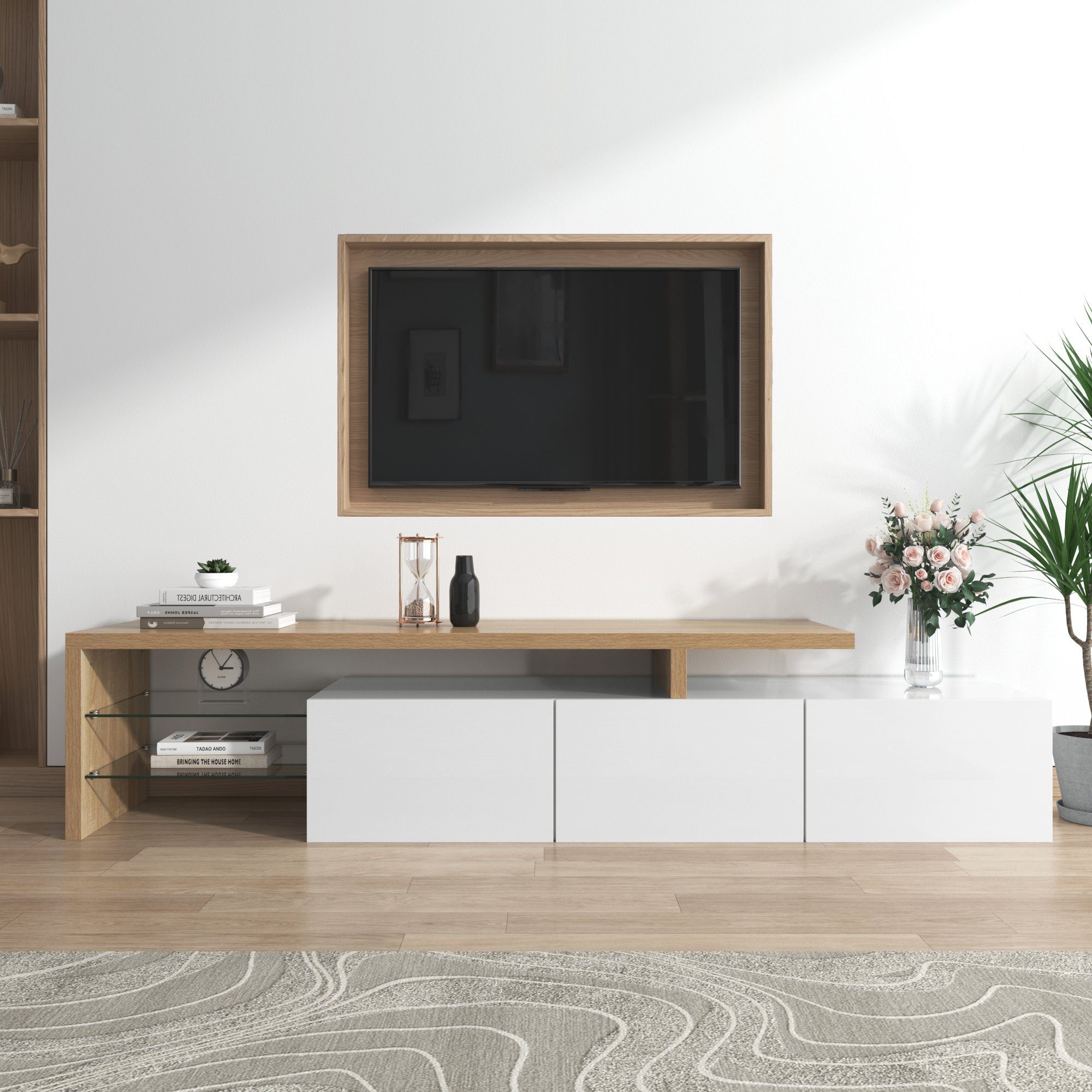Merax Lowboard, mit Glasablgen und LED-Beleuchtung, Fernsehtisch Hochglanz, TV-Schrank