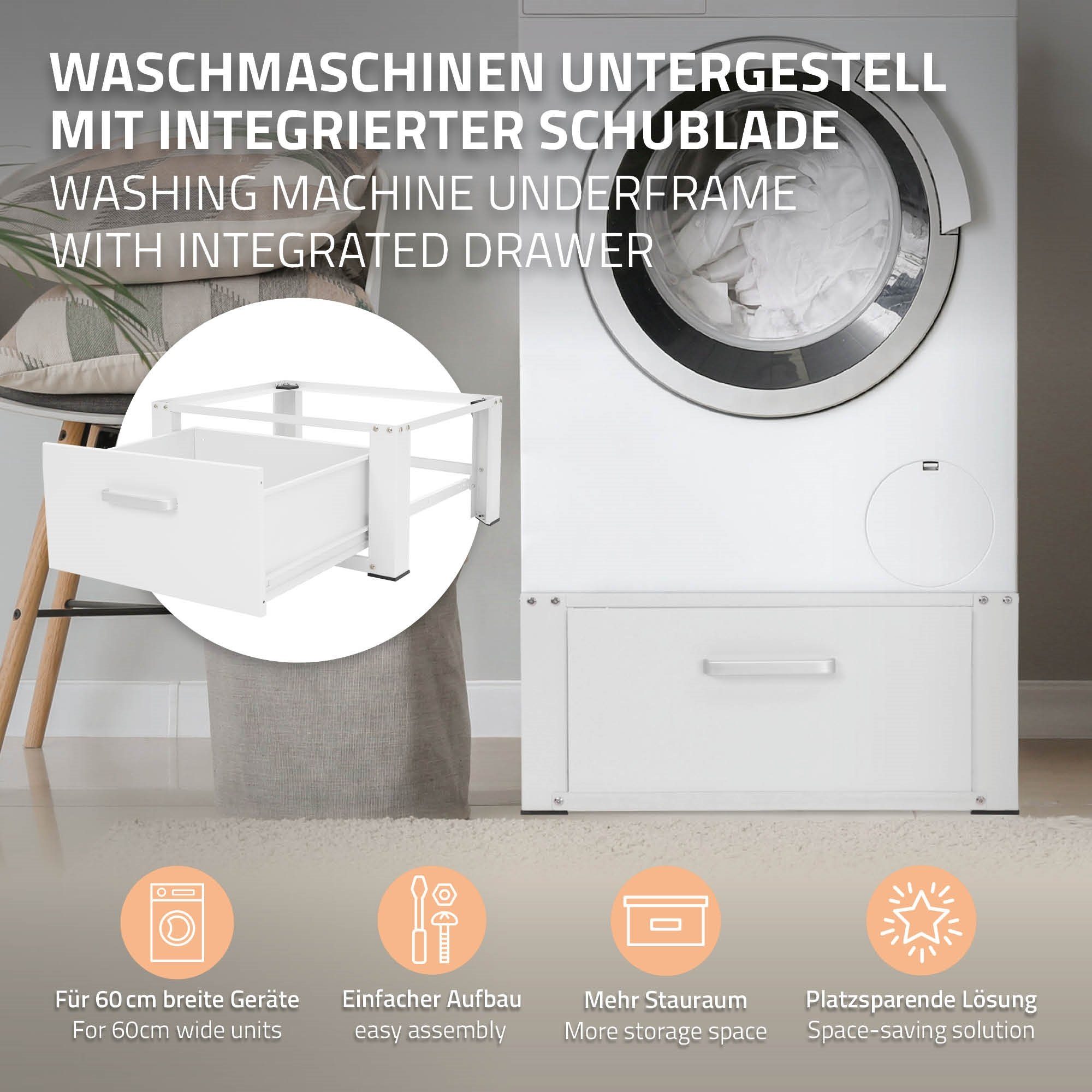 ML-DESIGN Waschmaschinenuntergestell Waschmaschinen Untergestell mit Schublade 63x54cm Weiß aus Stahl