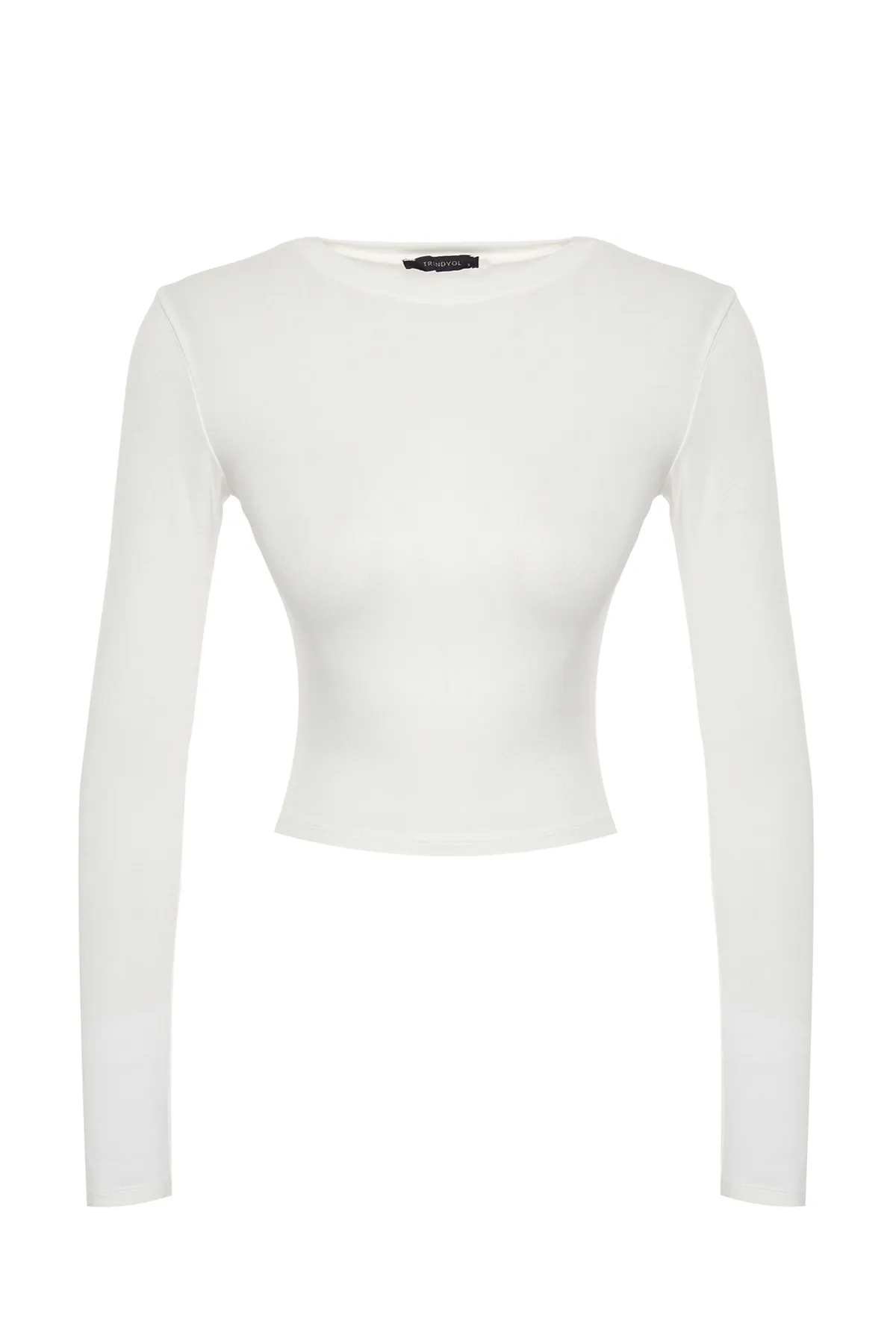 Trendyol Collection  Ecrufarbene Premium-Viskose-Strickbluse mit Rundhalsausschnitt und dehnbarem Schnitt TWOAW24BZ00116