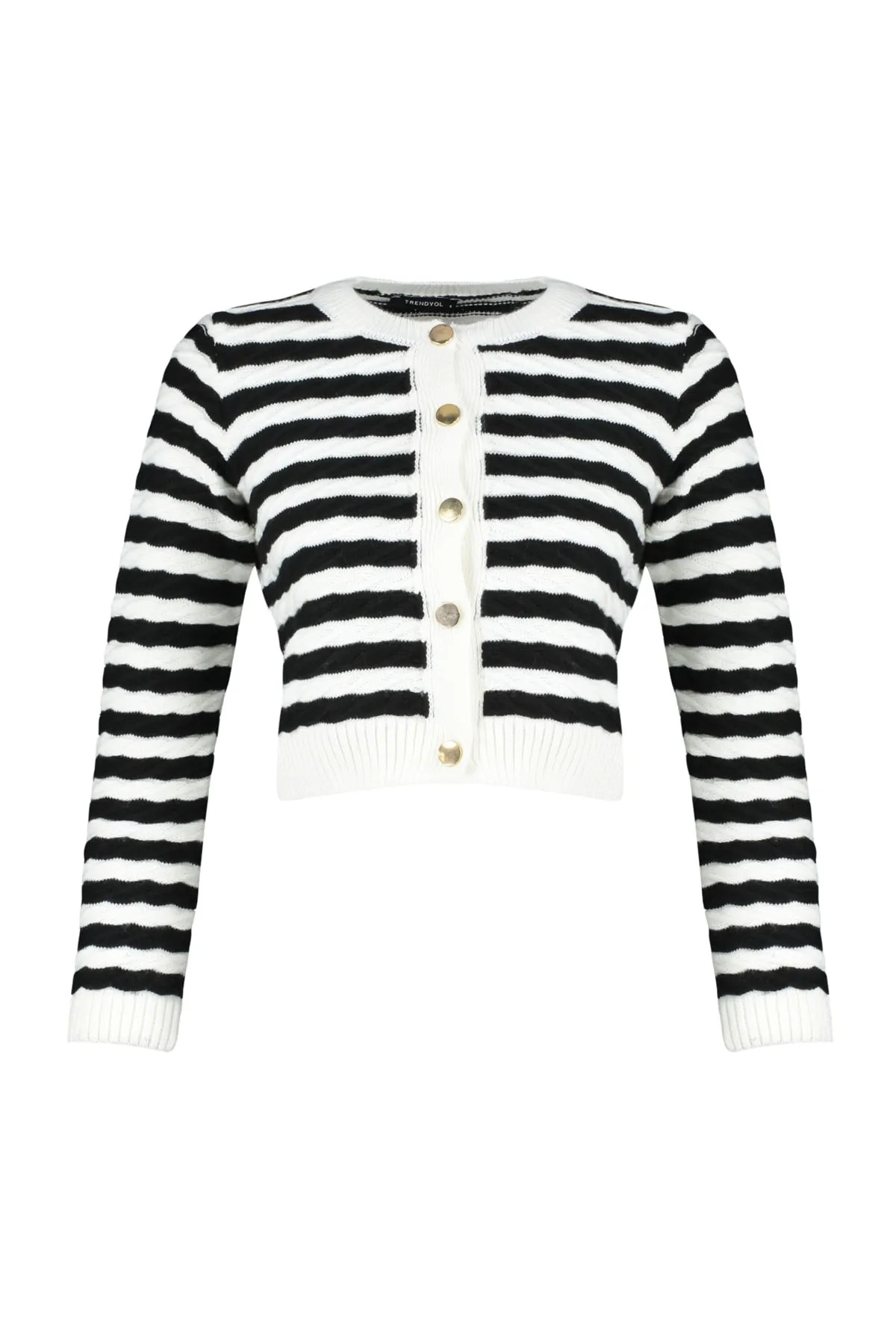 Trendyol Collection  Ecrufarbene, kurze Strickjacke mit Streifenmuster TWOAW24HI00293