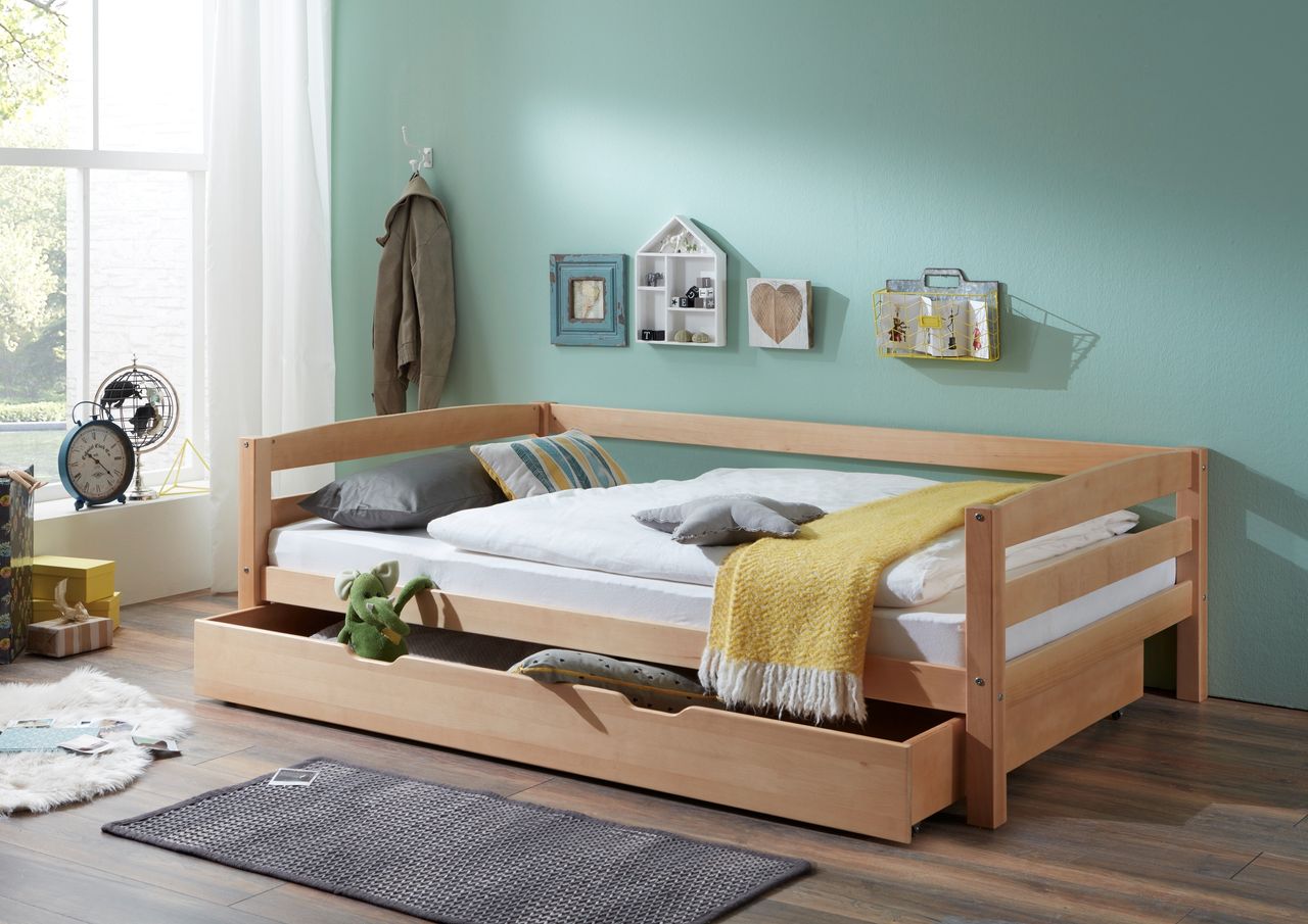 Relita Einzelbett Nora mit Bettkasten in Buche massiv, ohne Lattenrost, natur lackiert, Liegefläche 120x200 cm, Bettkasten 90x190 cm