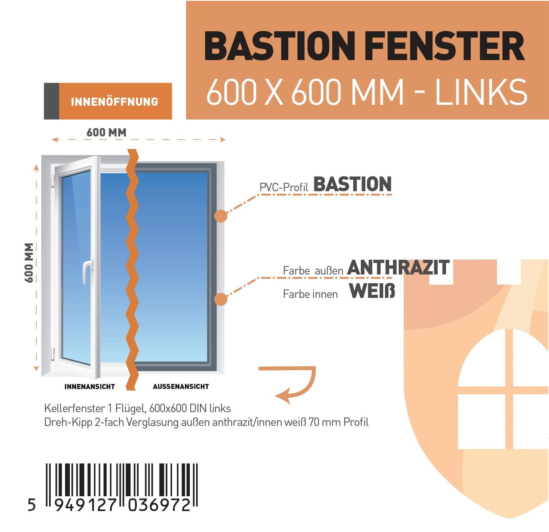 SN DECO GROUP Kellerfenster 1 Flügel, 600x600, außen anthrazit/innen weiß, 70 mm Profil, (Set), RC2 Sicherheitsbeschlag, Hochwertiges 5-Kammer-Profil