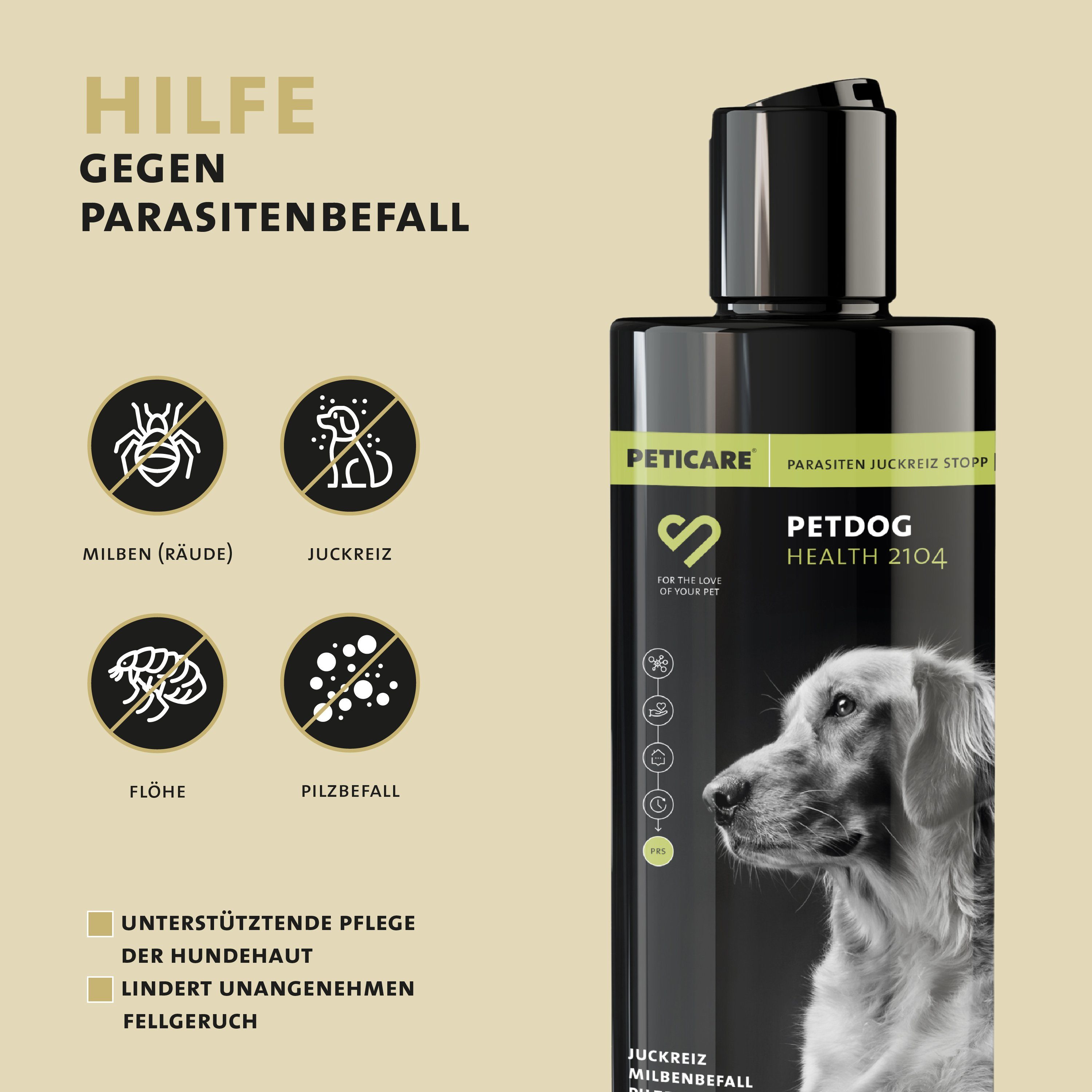 Peticare Tiershampoo petDog Health 2104 - Parasiten, Juckreiz Shampoo für Hunde, 250 ml, bei Juckreiz, Pilz & Milben, Flohbefall, beruhigt u. schützt die Haut