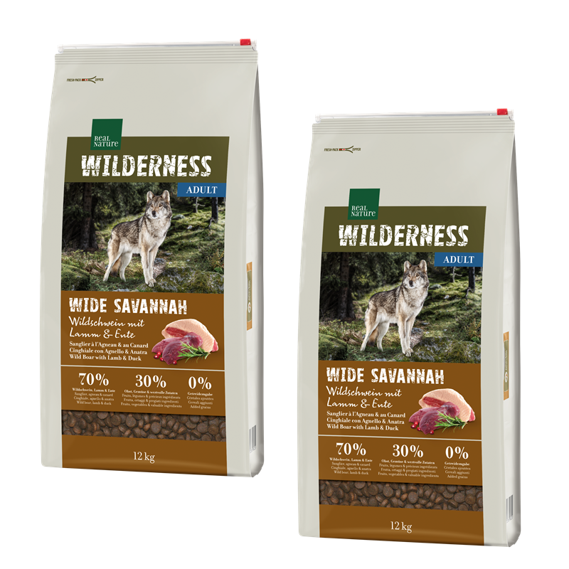 REAL NATURE Hundetrockenfutter REAL NATURE WILDERNESS Wide Savannah Wildschwein mit Lamm & Ente 2x12 kg