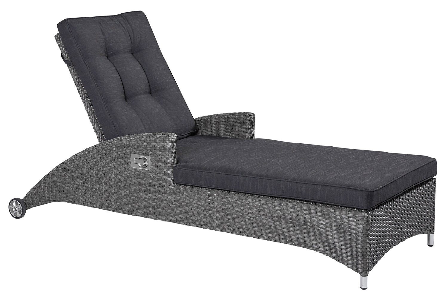 Outdoor Gartenliege BAHAMAS, Kunststoffgeflecht, Grau, B 70 x L 180 cm, Rücken verstellbar, mit Polsterauflage