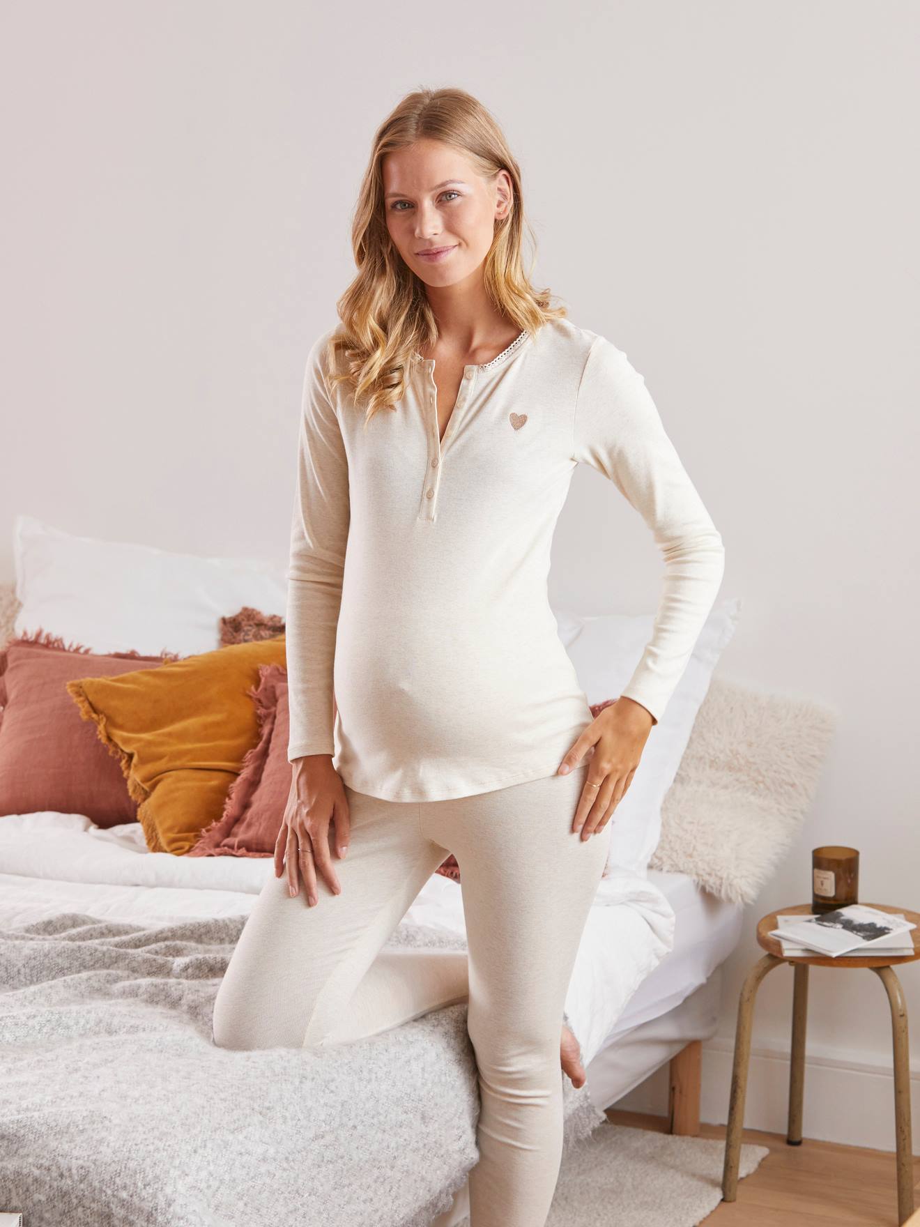 Ensemble 2 pièces pyjama grossesse et allaitement blanc clair uni