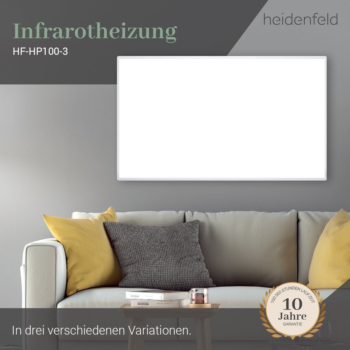 Heidenfeld Infrarotheizung 300-1200 W Elektroheizung HF-HP100-3 inkl. Thermostat - 10 J. Garantie, Fenster-Auf Erkennung - Infraroth Wandheizung Elektro Heizkörper