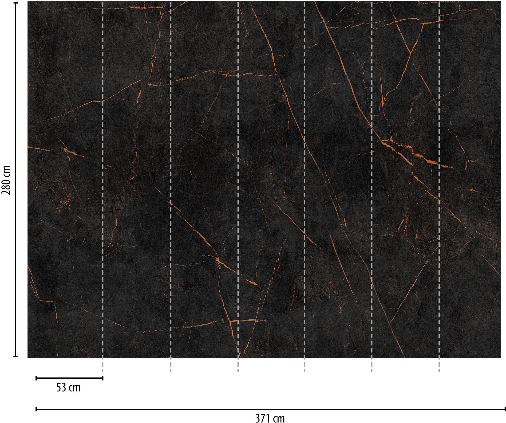 living walls Fototapete The Wall, glatt, Motiv, Steinoptik, gemustert, Fototapete Modern Tapete Marmor Schwarz Orange
