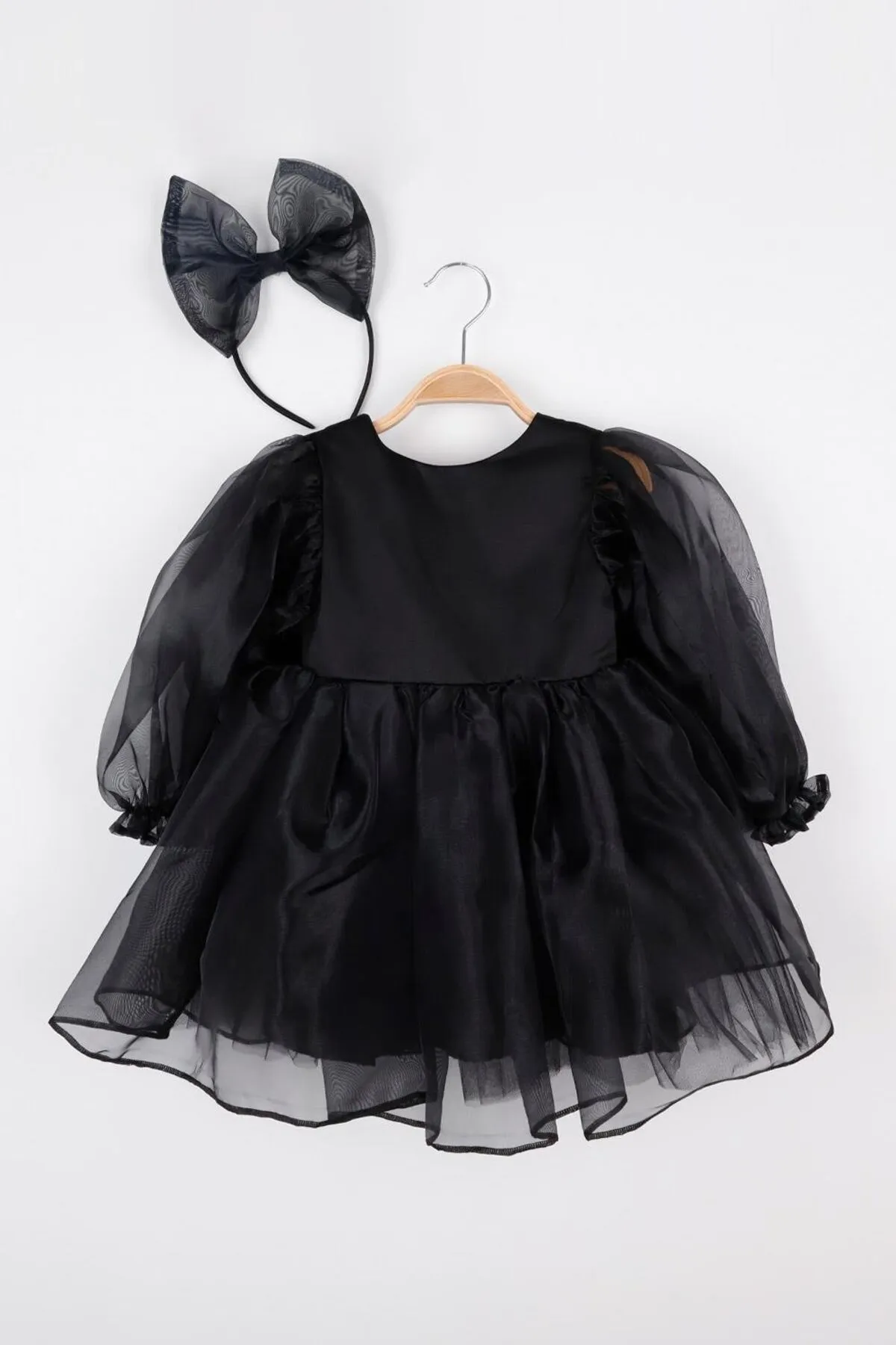 Le Mabelle  Schwarzes, langärmliges Organza-Partykleid für Mädchen – Salbei