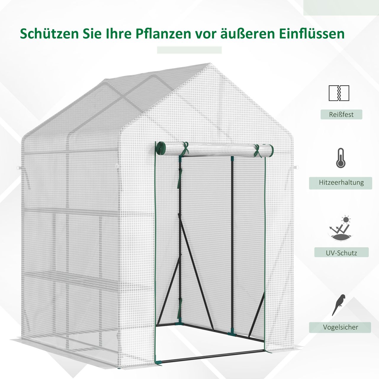 Outsunny Foliengewächshaus begehbares Gewächshaus mit 4 Regalebenen Tomatengewächshaus Treibhaus Frühbeet mit Reißverschlusstüren Weiß Stahl PE-Kunststoff 143 x 143 x 195 cm