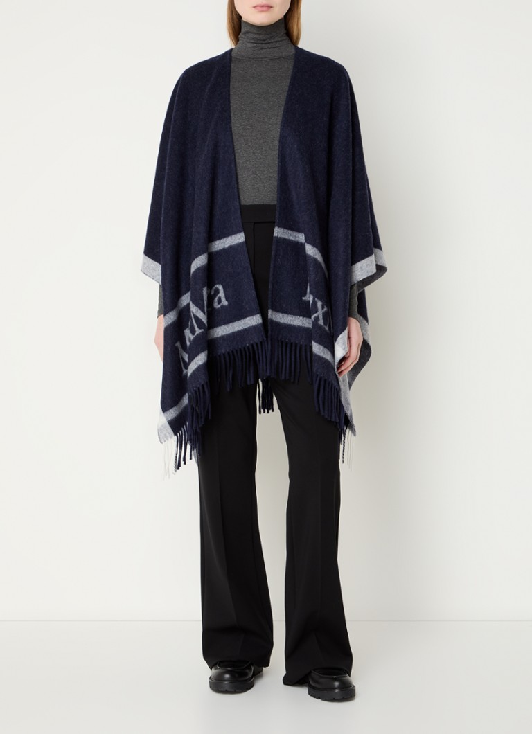 Poncho din lână Hilde de la MaxMara, cu logo imprimat și franjuri.