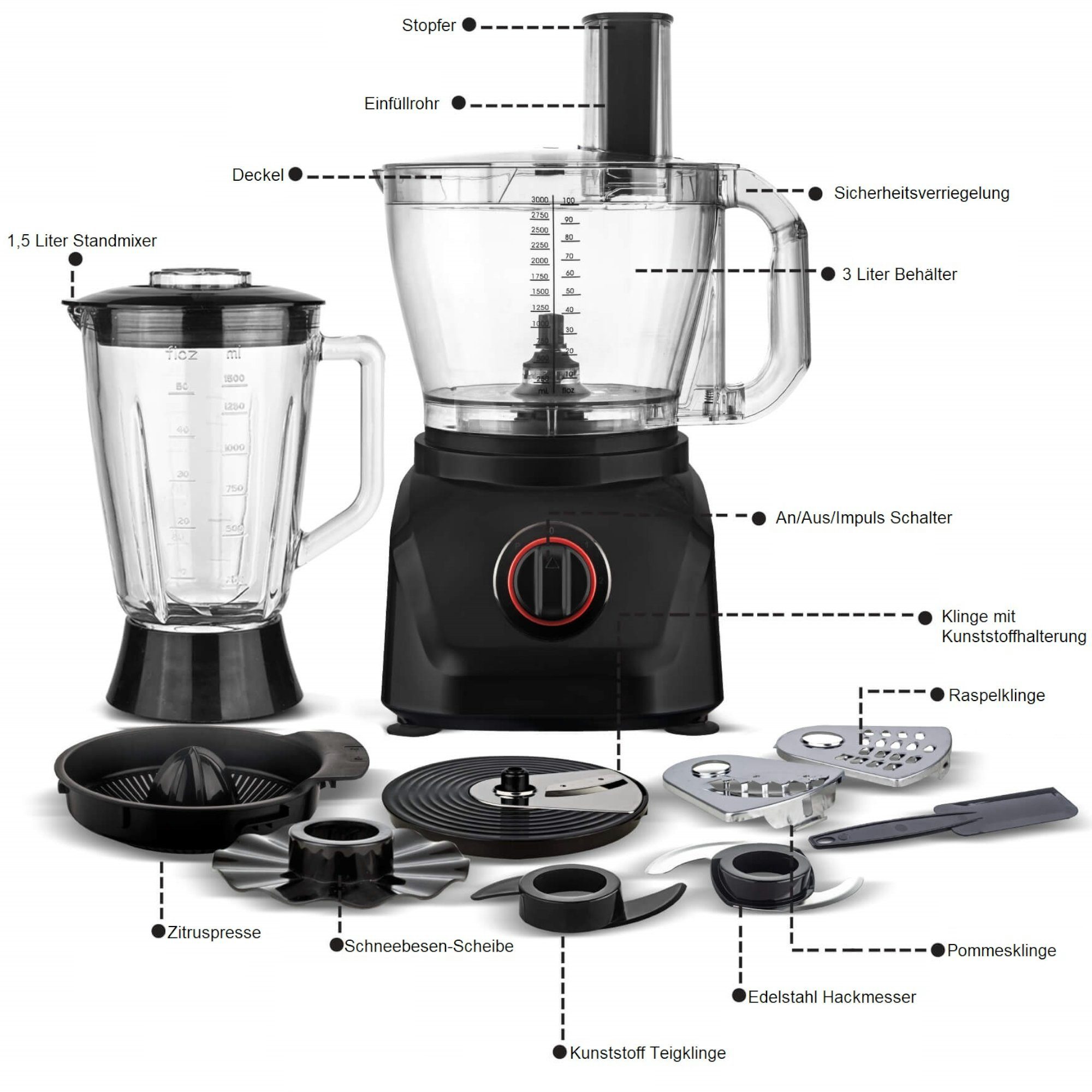 TurboTronic by Z-Line Küchenmaschine Food Processor mit Standmixer 3L Behälter 1,5L Glaskaraffe, 1900 W, 3 l Schüssel, Raspelscheiben Zitruspresse Zerkleinerer Eiscrusher Power