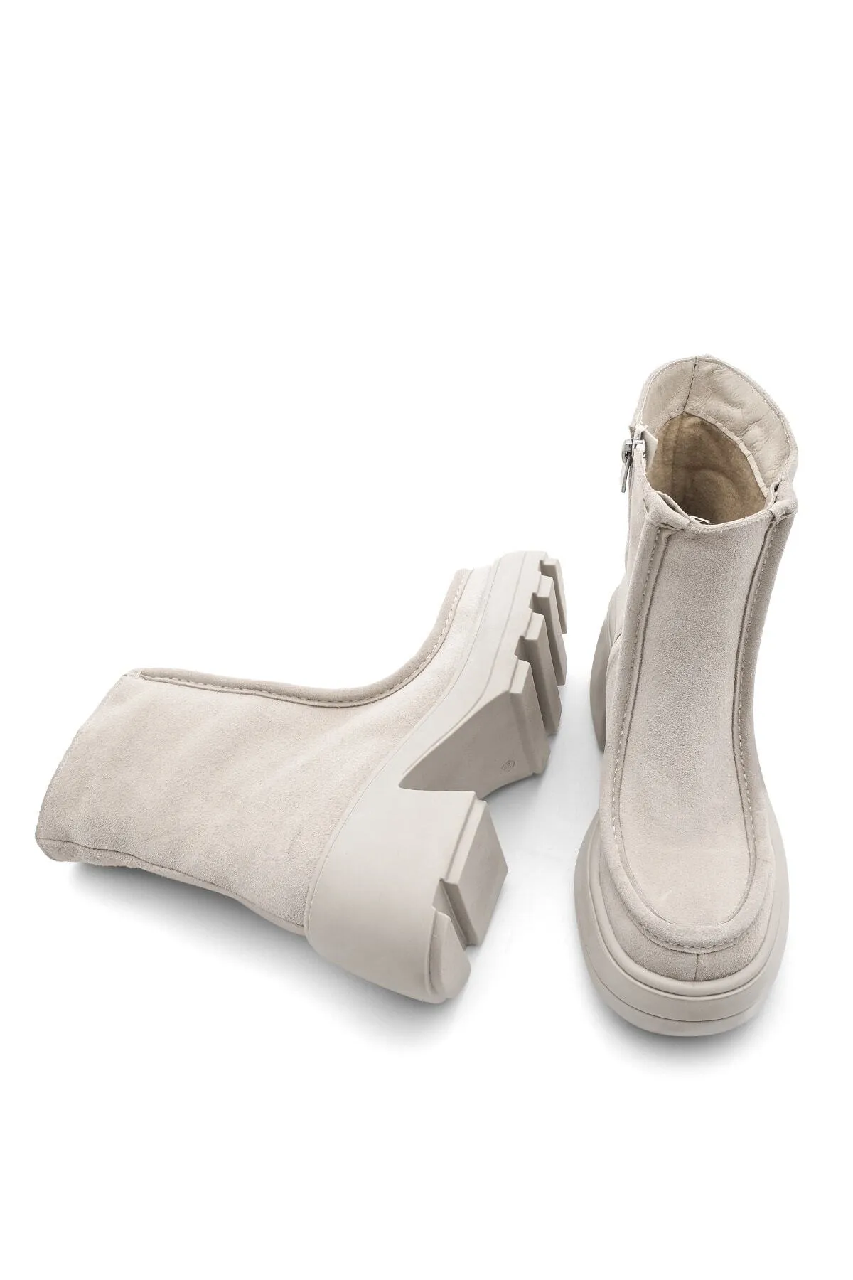 Marjin  Damen Lederstiefel mit Absatz und Reißverschluss Bevaz Beige Wildleder