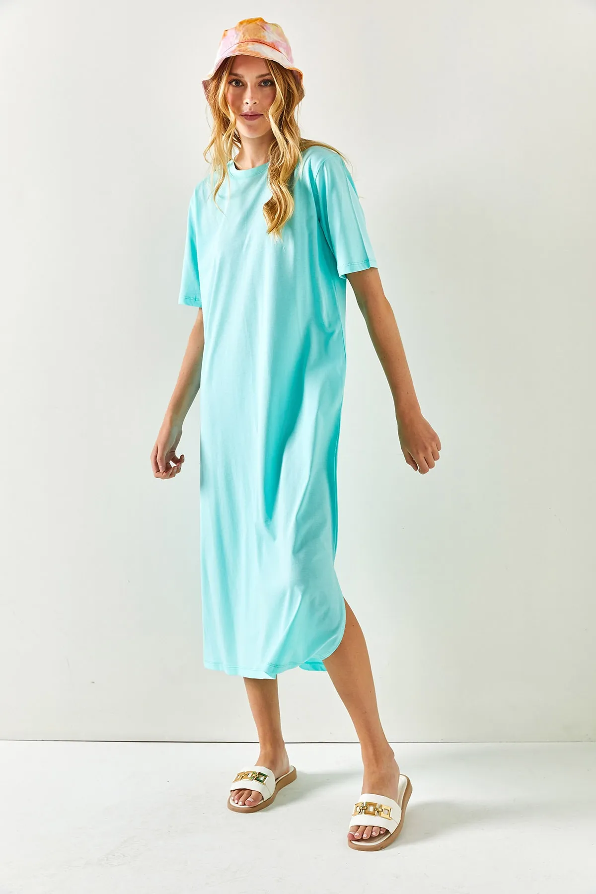 Olalook  Mintgrünes Oversize-Baumwollkleid für Damen mit Seitenschlitzen ELB-19001880