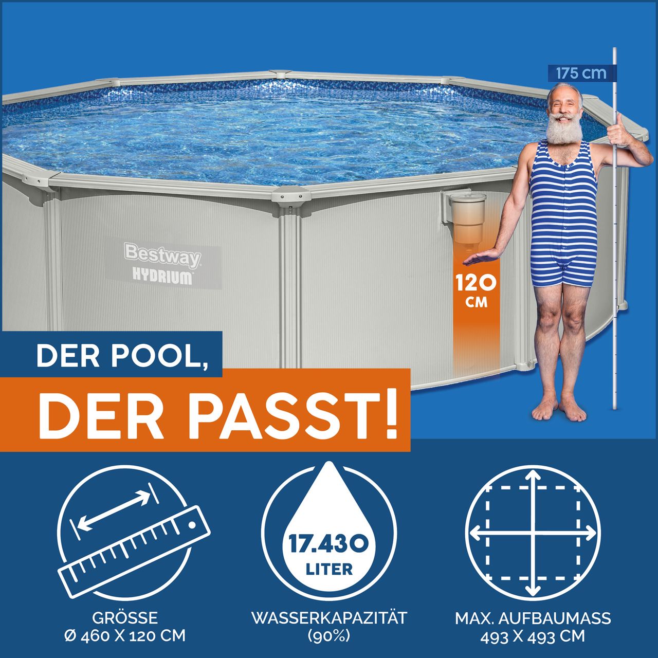 Bestway Hydrium™ Stahlwandpool Komplett-Set mit Sandfilteranlage Ø 460 x 120 cm, granitgrau, rund