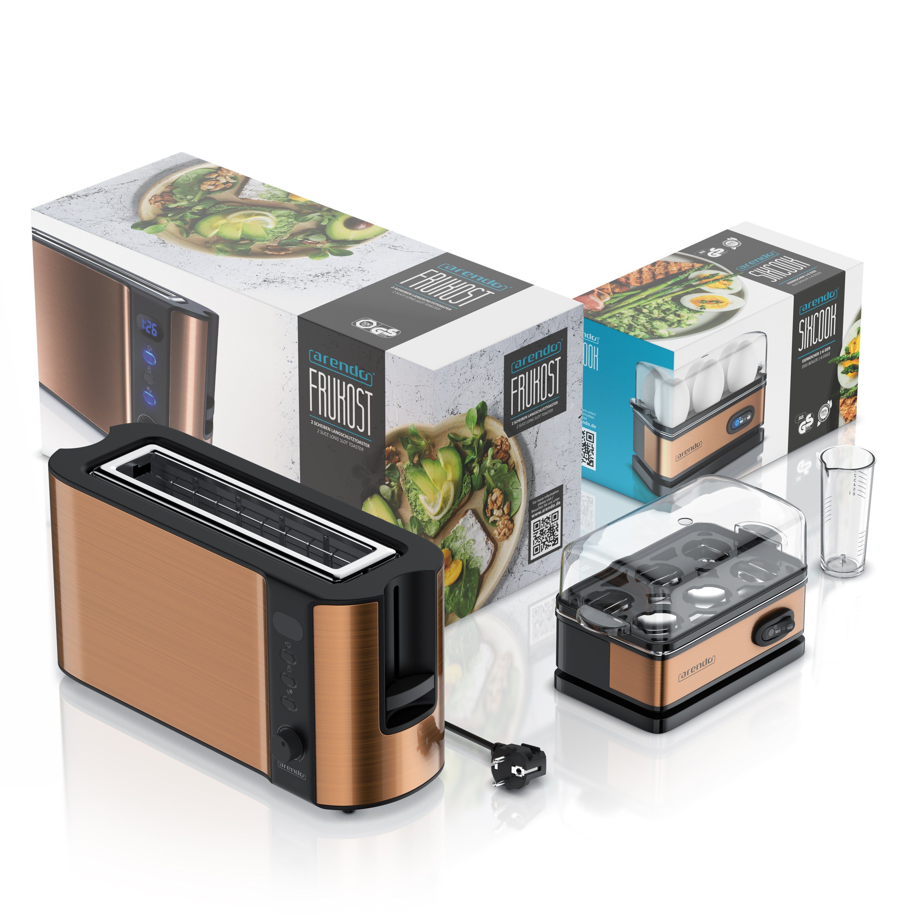 Arendo Frühstücks-Set (2-tlg), 2-Scheiben Langschlitz Toaster, 6er Eierkocher, Kupfer