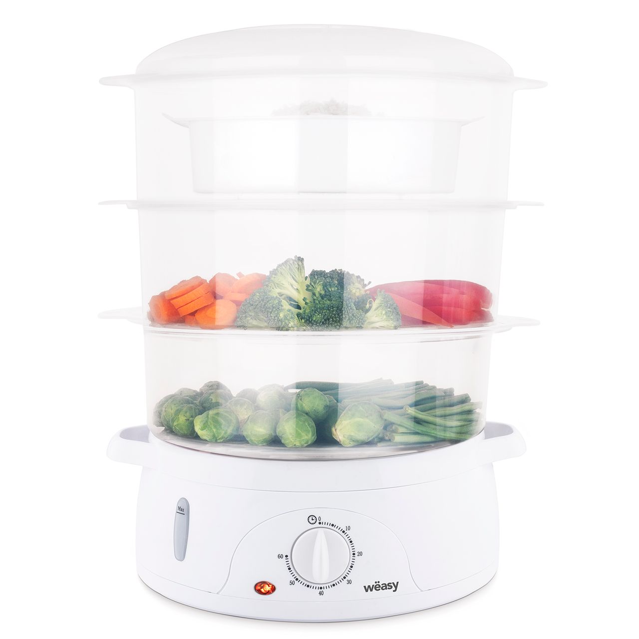 Weasy Wëasy Elektrischer Dampfgarer VEGE8 Multifunktions 9 l kompakt, 3 stapelbare Schalen zum Kochen von Eiern, Gemüse, Fleisch, Fisch, Rizkocher, Timer 60 Minuten, Vitaminaufbewahrung