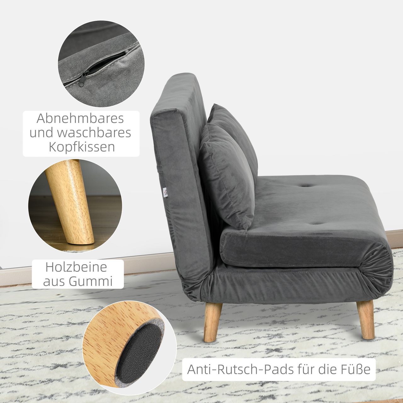 HOMCOM Schlafsofa 2-Sitzer Sofa mit Bettfunktion, Klappsofa mit Kissen, Grau