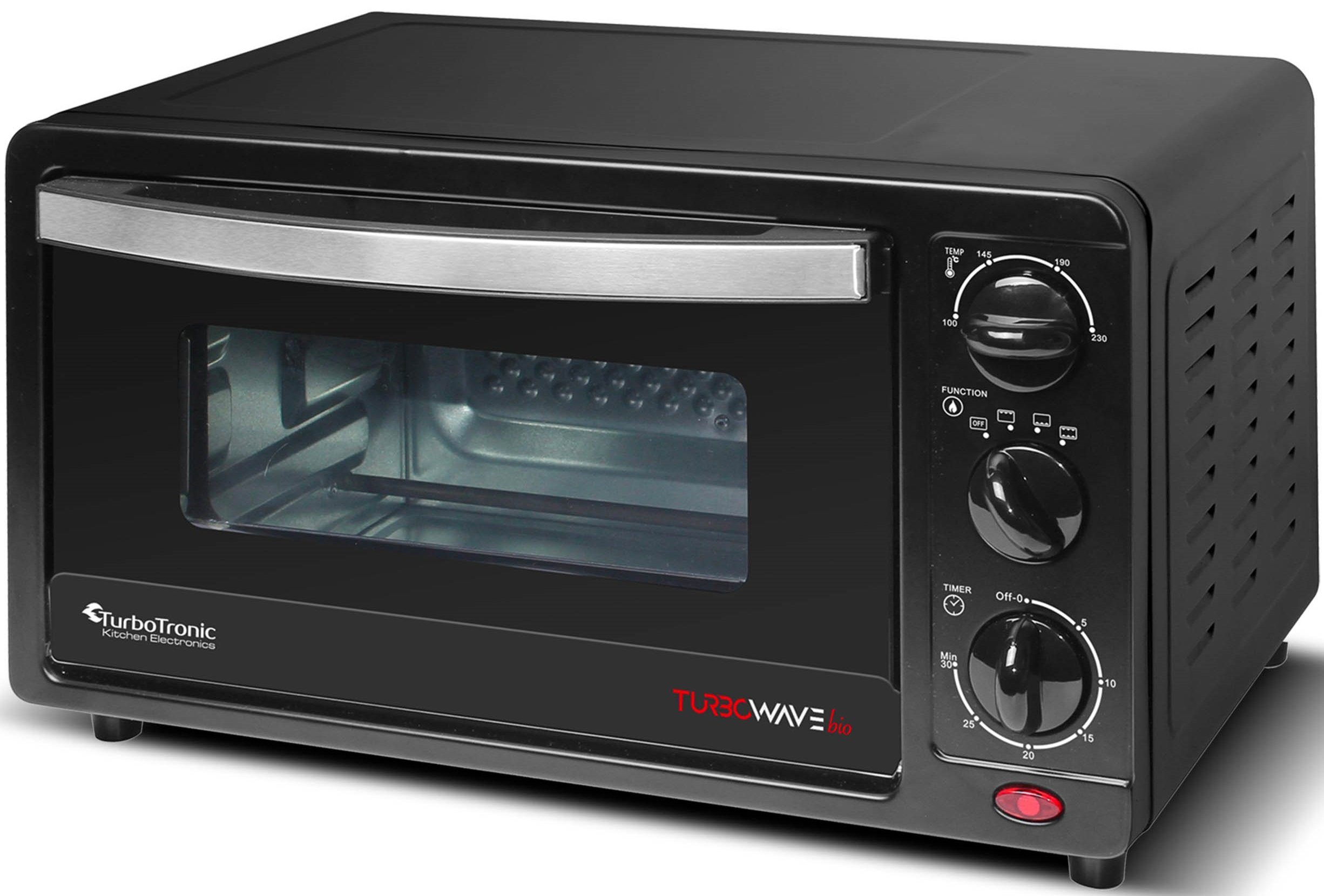 TurboTronic by Z-Line Minibackofen 14 Liter Schwarz, inkl. 1x Grillrost & 1x Backblech 1200W Camping, Pizzaofen 100-230°C Tischbackofen, Kleiner Ofen