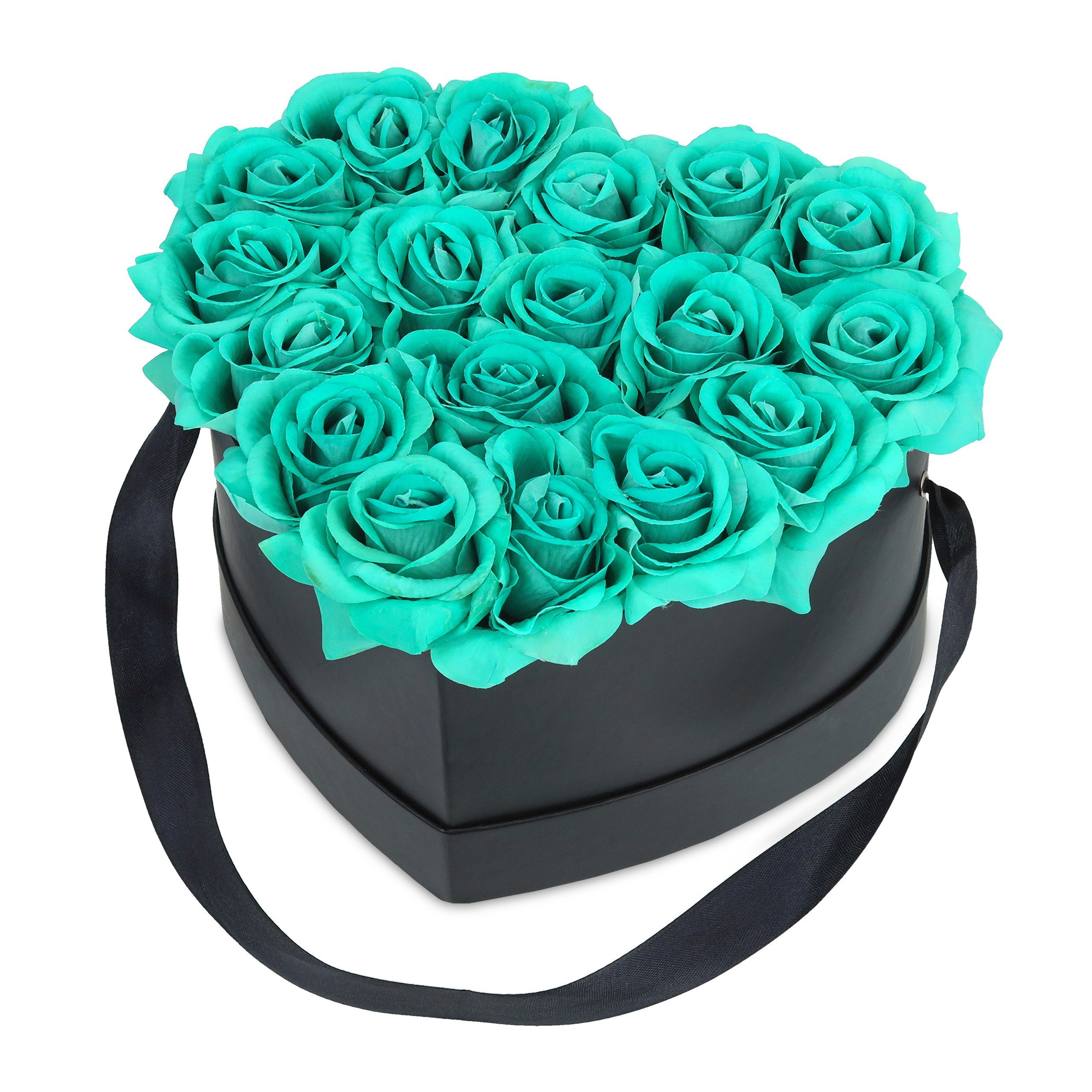 Gestecke Schwarze Rosenbox Herz 18 Rosen, relaxdays, Höhe 13 cm, Türkis