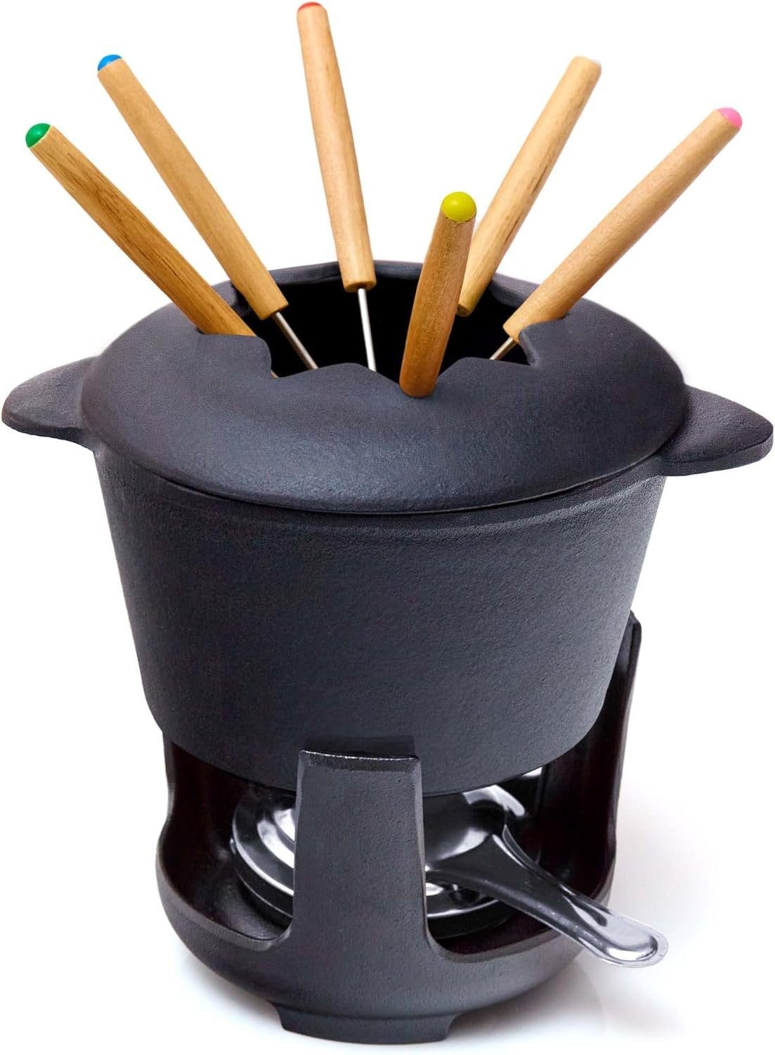 Bonvivre Raclette und Fondue-Set für 6 Personen, 1 Liter, 13-teilig mit Brenner und 6 Gabeln, Käsefondue Schokofondue Fleischfondue Gemüsefondue
