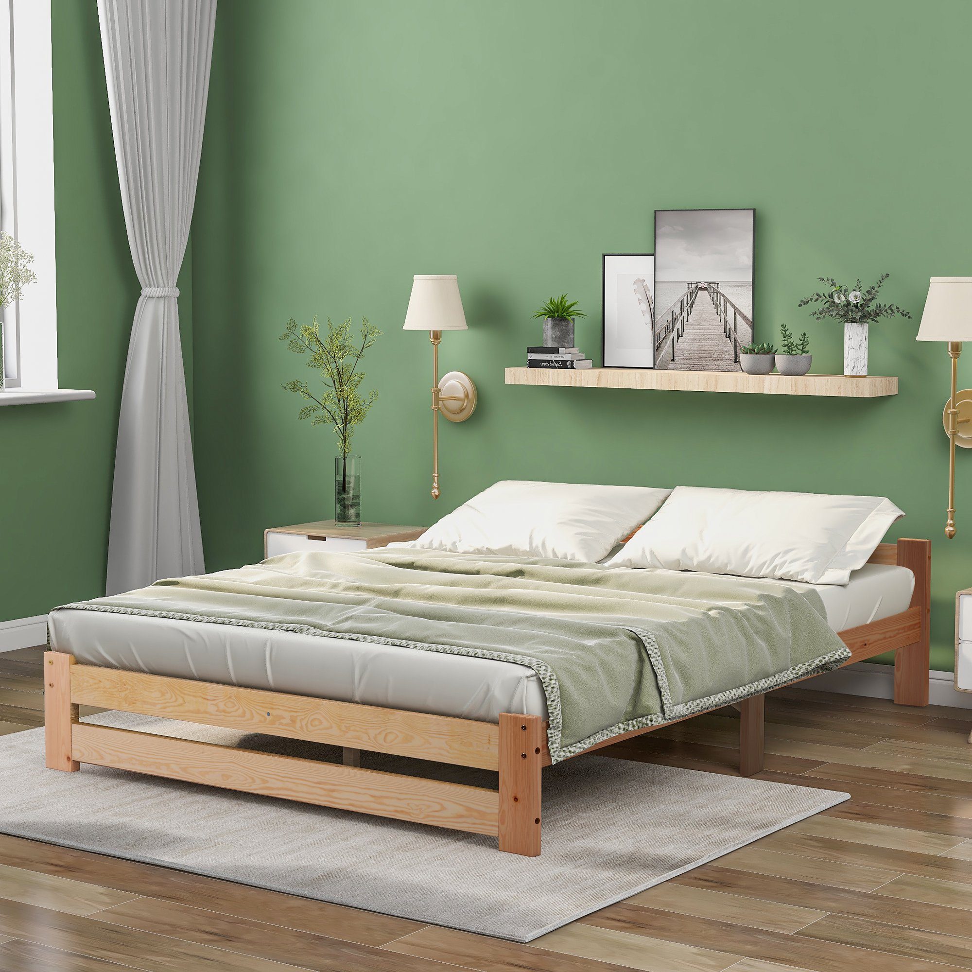 BlingBin Holzbett Futonbett Einzelbett Massivholz mit Kopfteil Lattenrost 140x200cm (Massivholz Natur Bett, Natur), Massivholz, in zwei Größen erhältlich