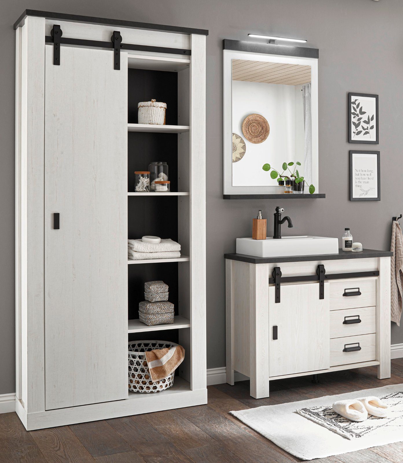 Furn.Design Mehrzweckschrank Stove (Flur- und Schuhschrank in Pinie weiß Landhaus, 93 x 201 cm) mit Schiebetür
