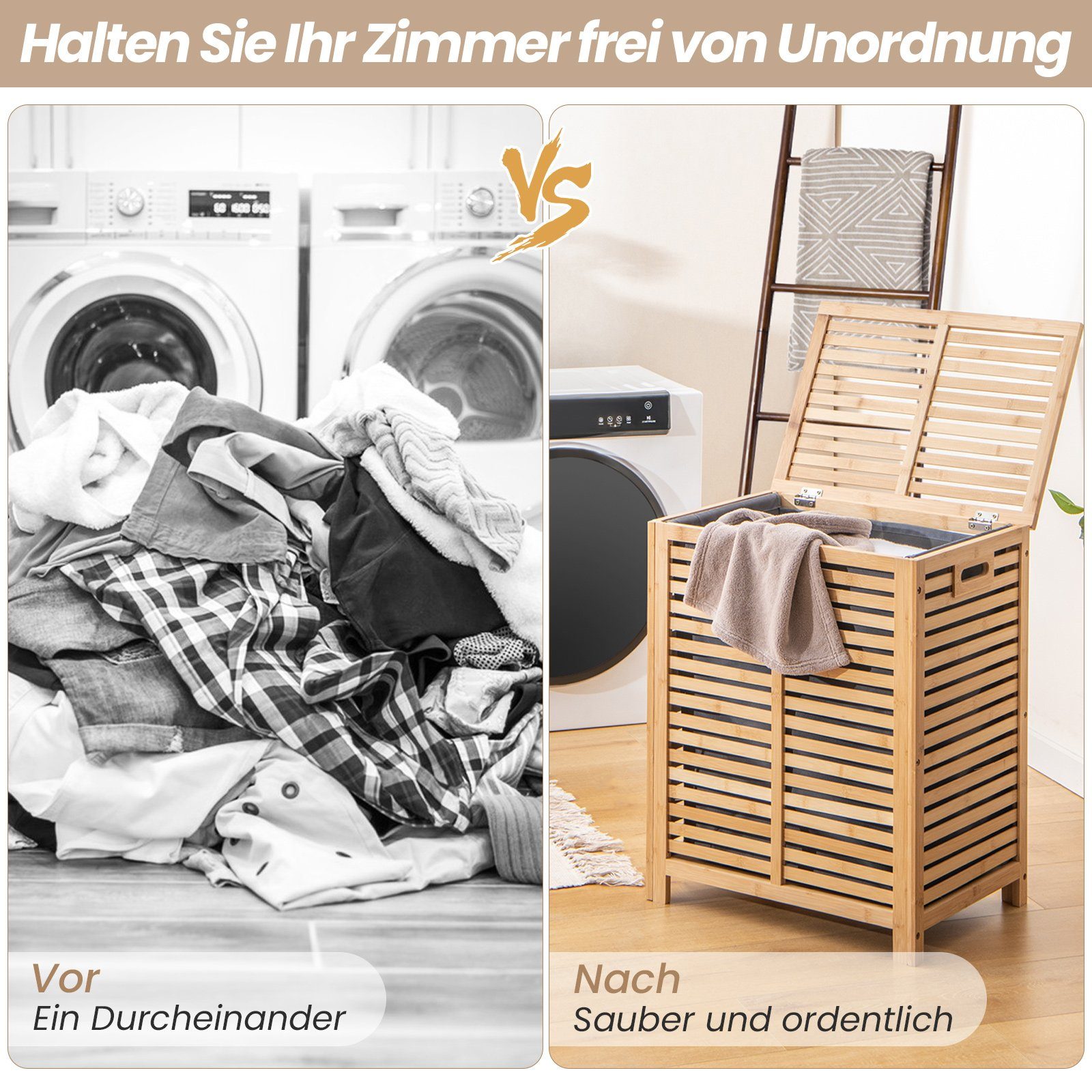 COSTWAY Wäschekorb, Bambus, 80L, mit Deckel & ausnehmbarem Wäschesack, Natur