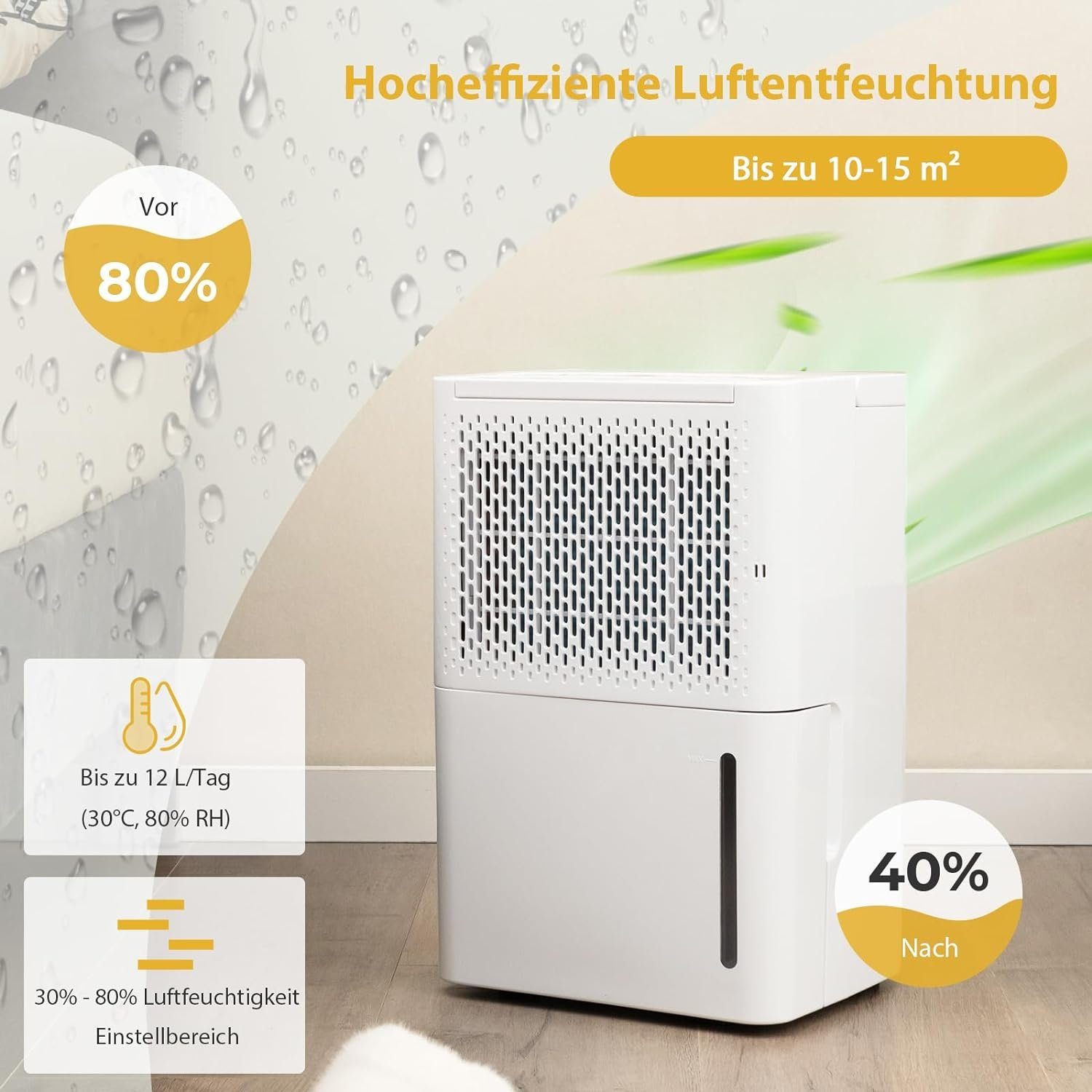 KOMFOTTEU Luftentfeuchter, Entfeuchtung 12,00 l/Tag, Tank 2,20 l, mit 3 Modus & 24-Stunden-Timer