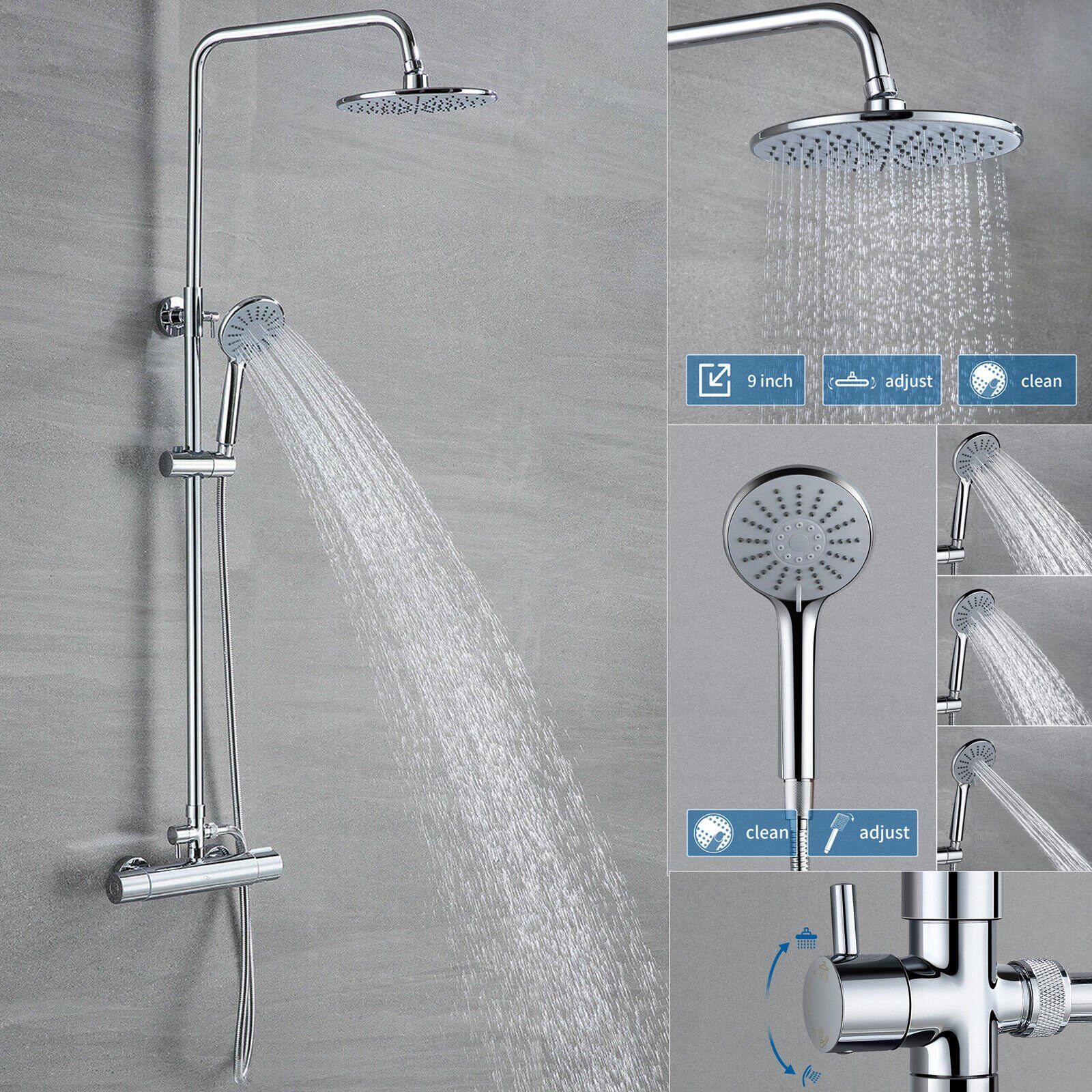 Auralum Duschsystem mit Thermostat Duscharmatur Regendusche Duschset Dusch Handbrause, Chorm Brausegarnitur, mit 3 Strahlarten