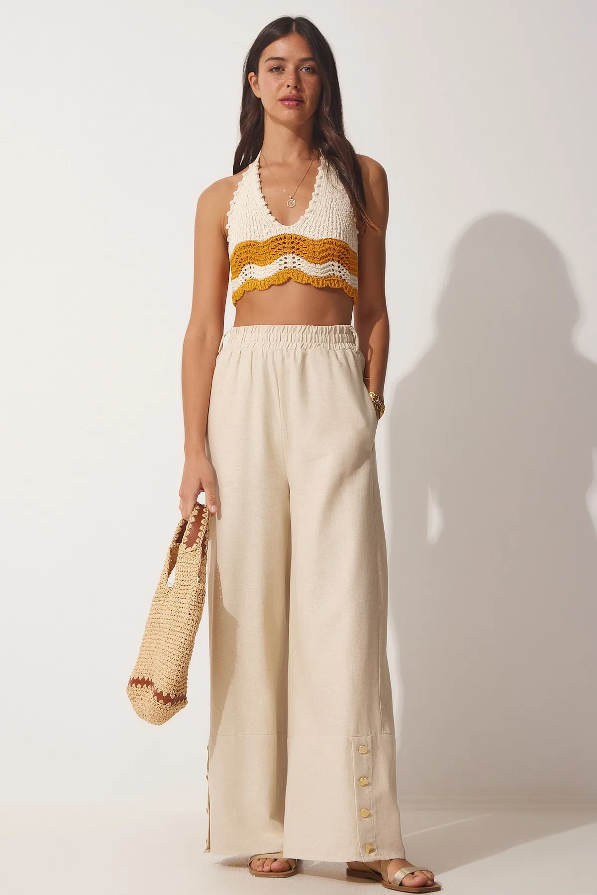 Happiness İstanbul  Damen-Palazzo-Hose aus Leinen in Creme mit stilvollen Knöpfen und Details MX00095