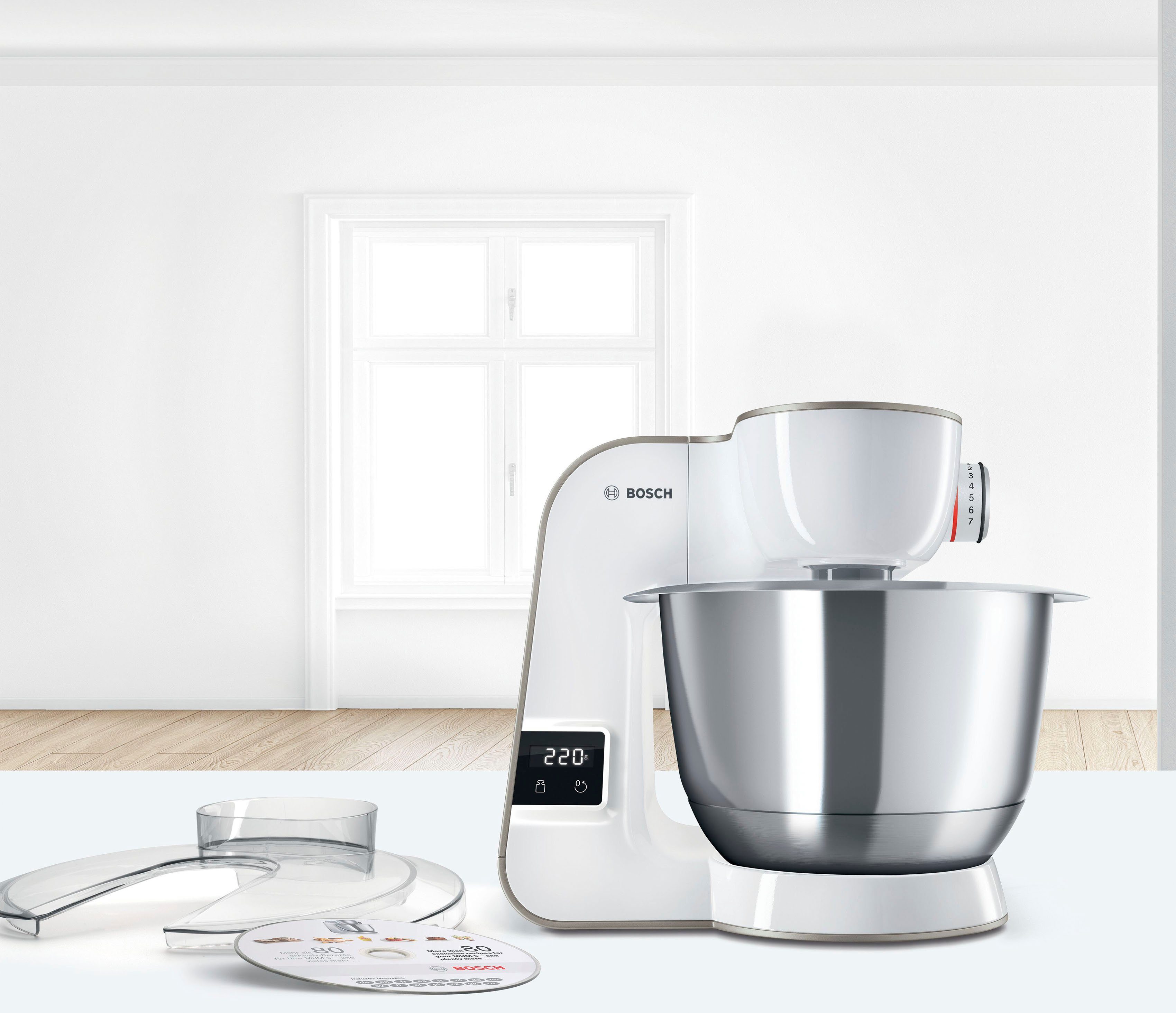 BOSCH Küchenmaschine MUM5XW40 MUM5, 1000 W, 3,9 l Schüssel, Waage, Patisserieset, Schnitzler, 4 Scheiben, Fleischwolf,Zitruspresse