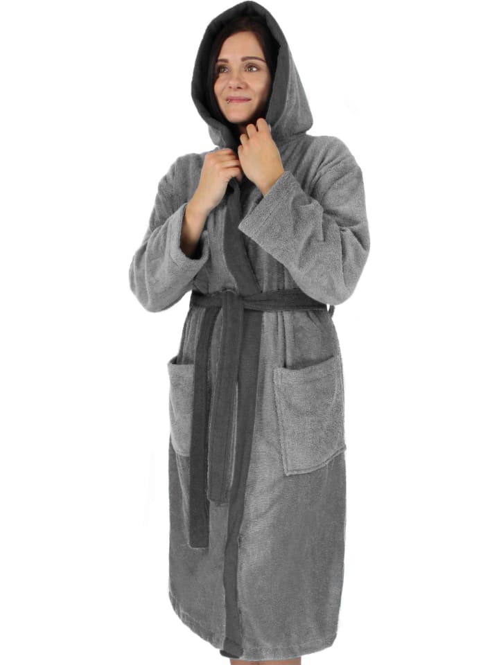 normani Unisex Baumwoll Bademantel mit Kapuze Izmit in Grau/Schwarz günstig kaufen