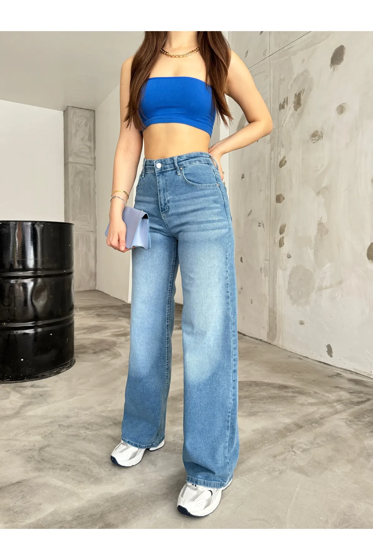 BİKELİFE  Damen-Jeans im Vintage-Stil mit hoher Taille und weitem Bein in hellem Effekt