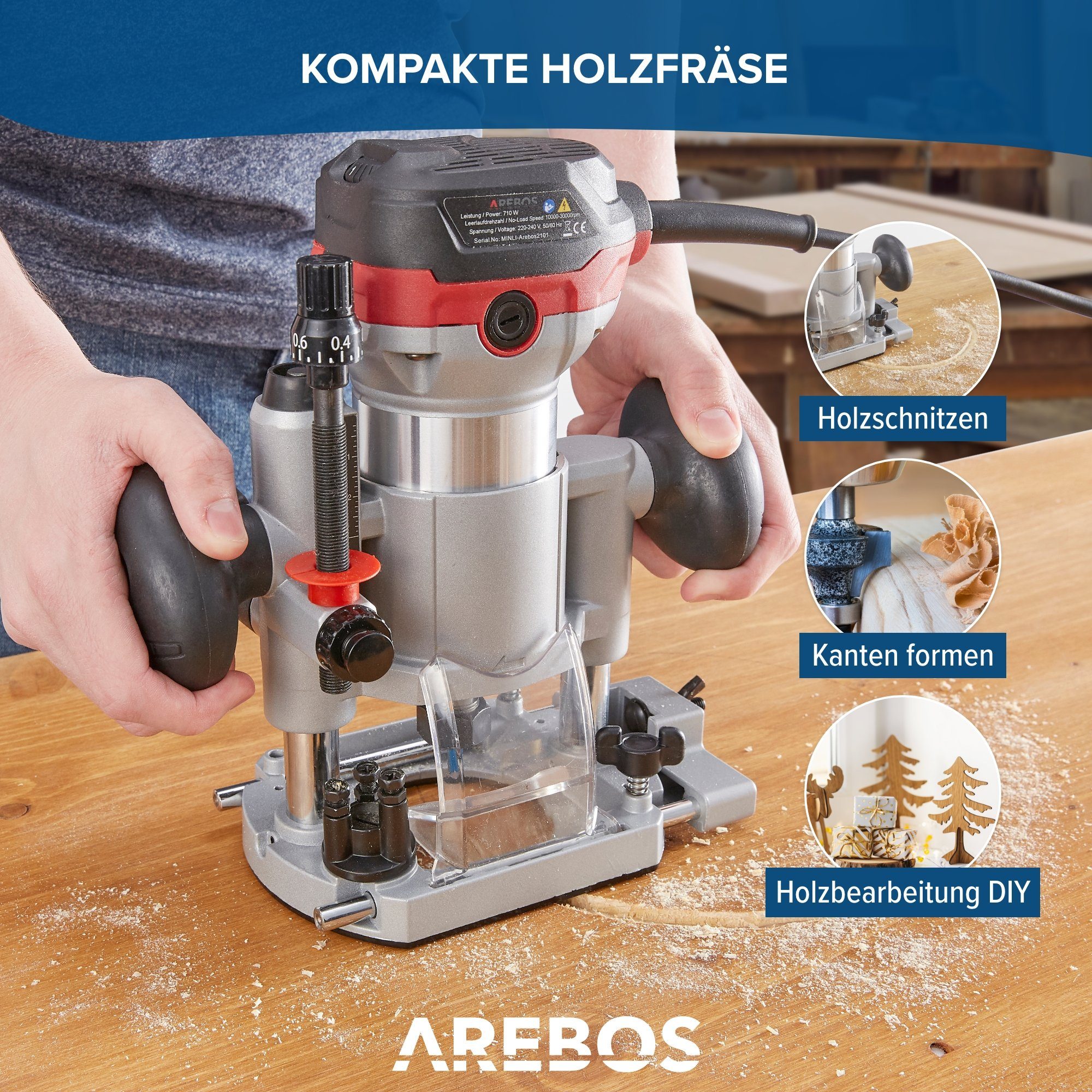 Arebos Oberfräse Holz Fräse Fräsmaschine, Tauchbasis & Trimmer, mit Werkzeugtasche, (Oberfräse Deluxe mit Trimmer und Tauchbasis), Leistungsaufnahme : 710 W