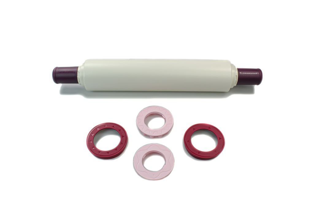 TUPPERWARE Nudelholz Teigrolle bordeauxrot + Abstandshalter + SPÜLTUCH