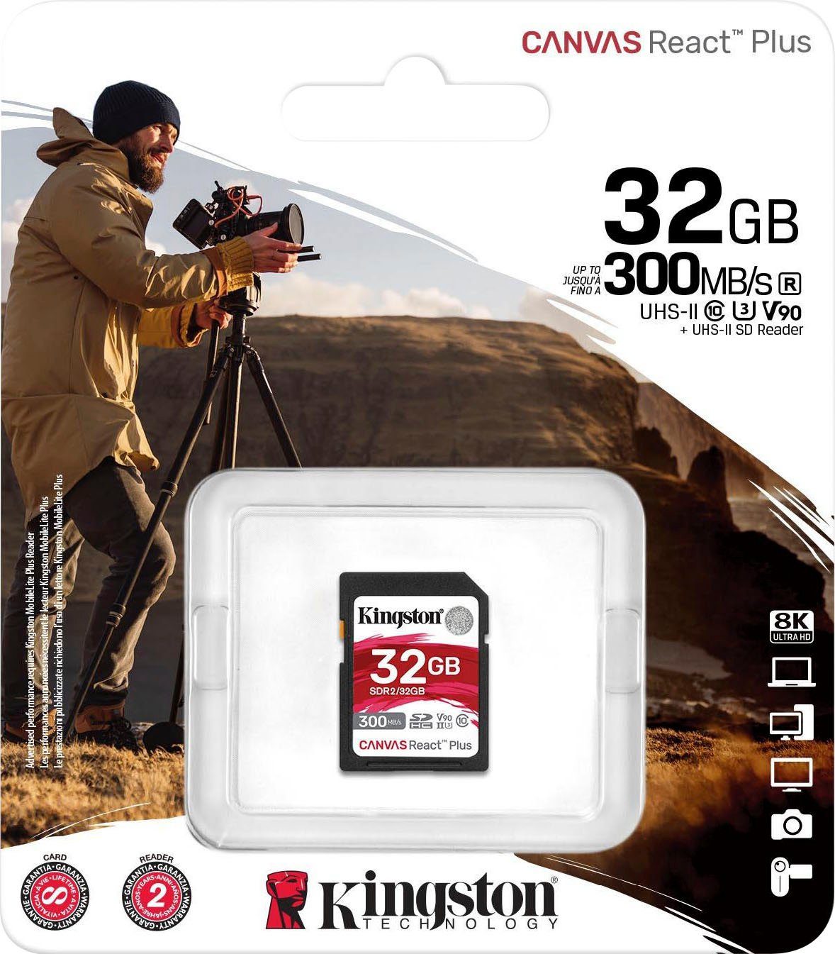 Kingston Canvas React Plus SD 32GB Speicherkarte (32 GB, Class 10, 300 MB/s Lesegeschwindigkeit)