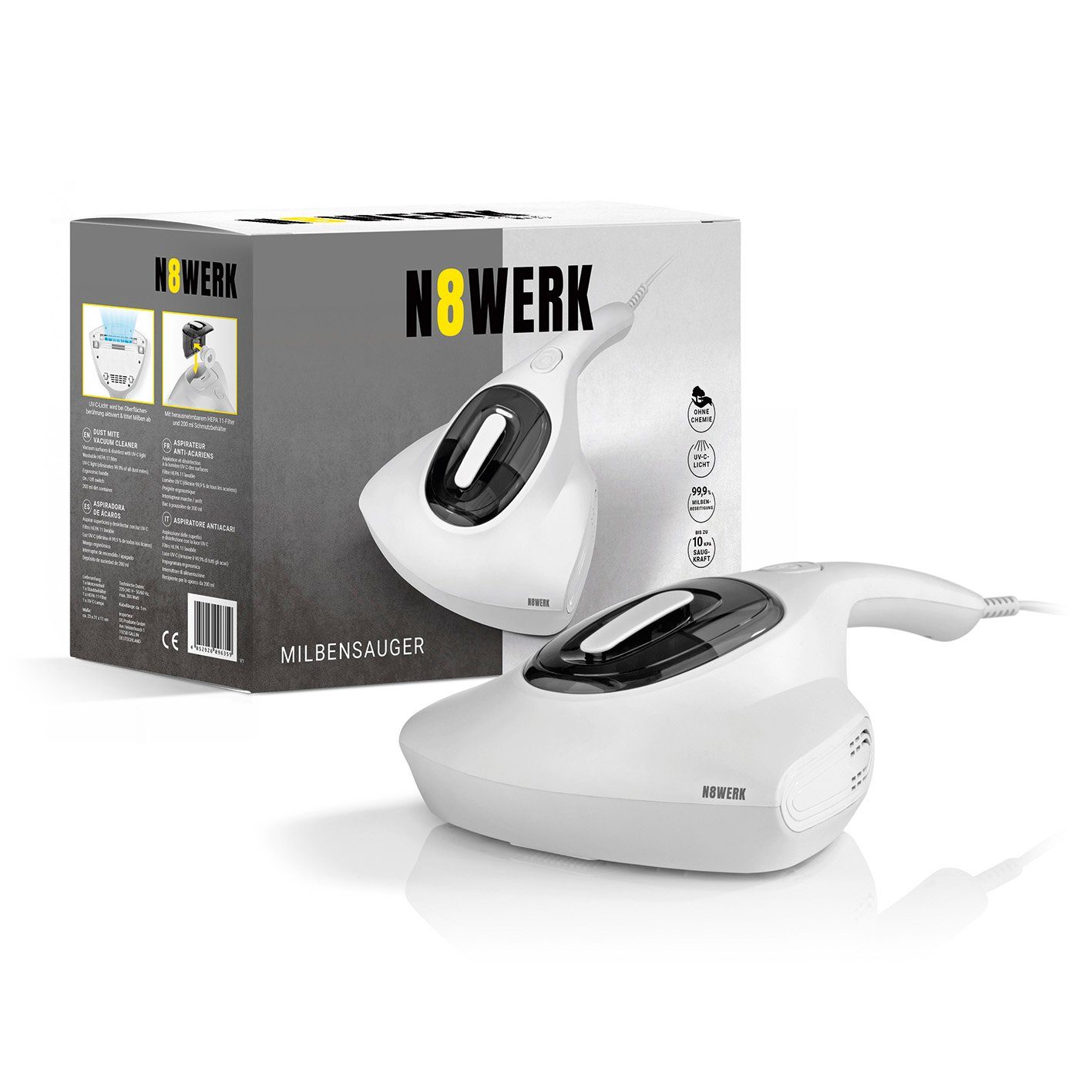 N8WERK Matratzenreinigungsgerät Milbensauger Moonlight Edition 300W weiß, Milbensauger Moonlight Edition weiß