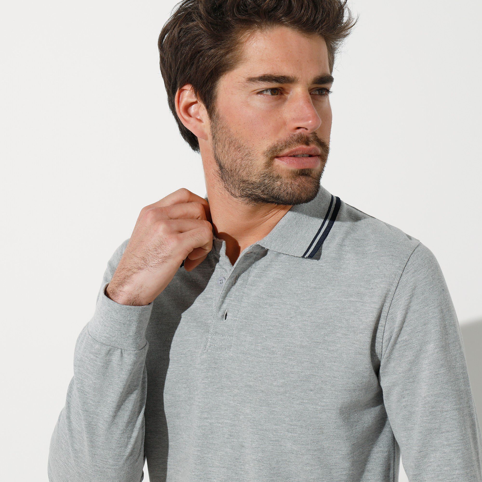 Polo uni maille piquée manches longues