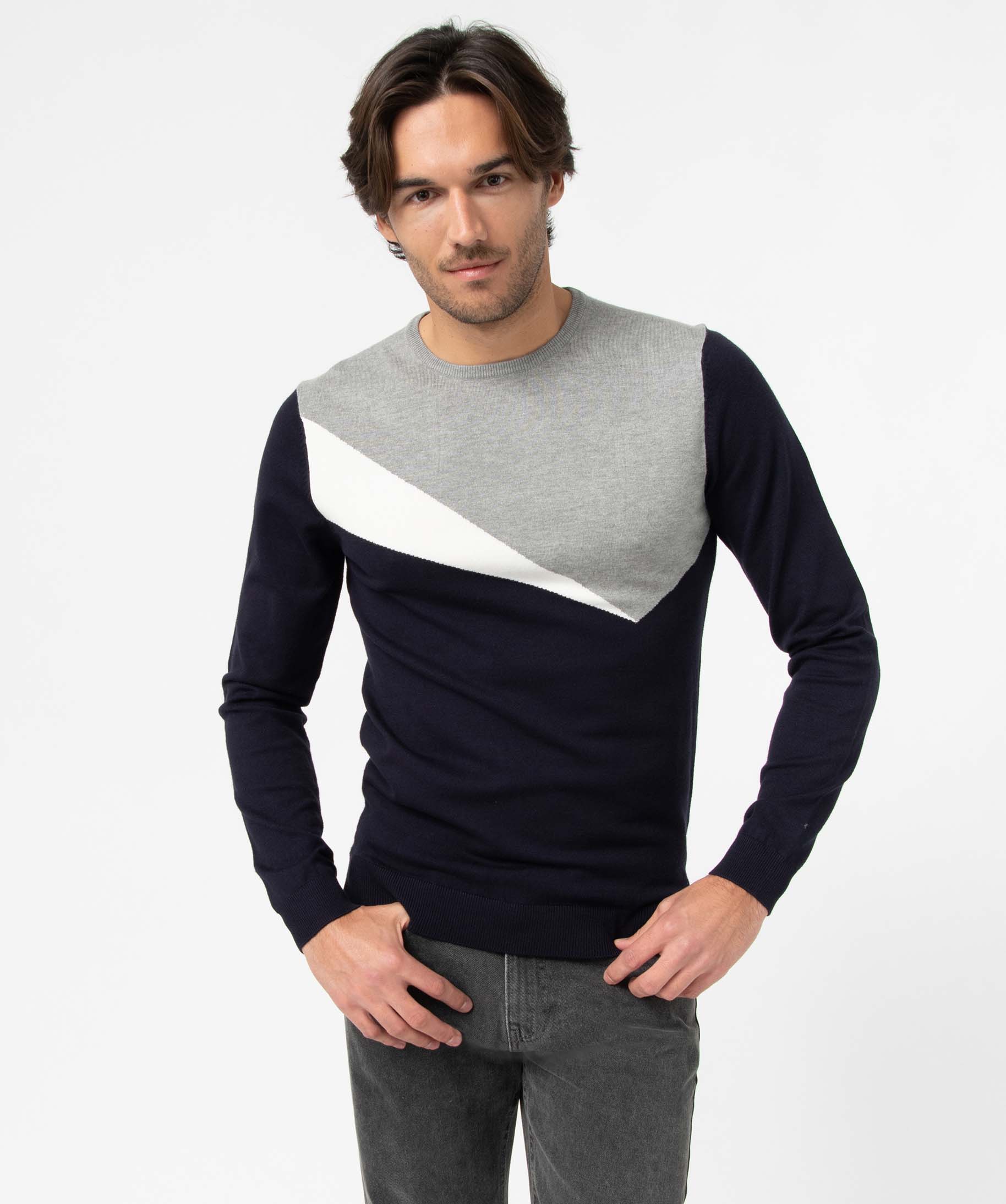Pull homme tricolore en maille fine gris | GEMO