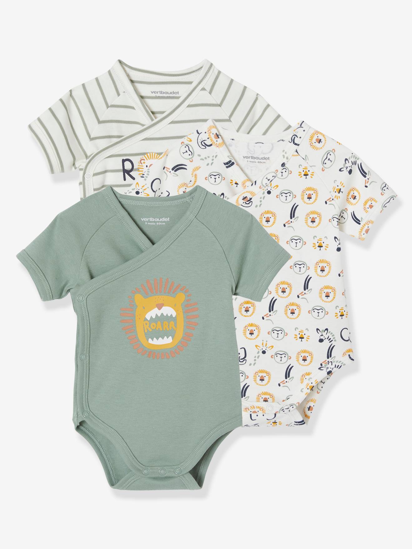 Lot de 3 bodies manches courtes ouverture naissance tilleul