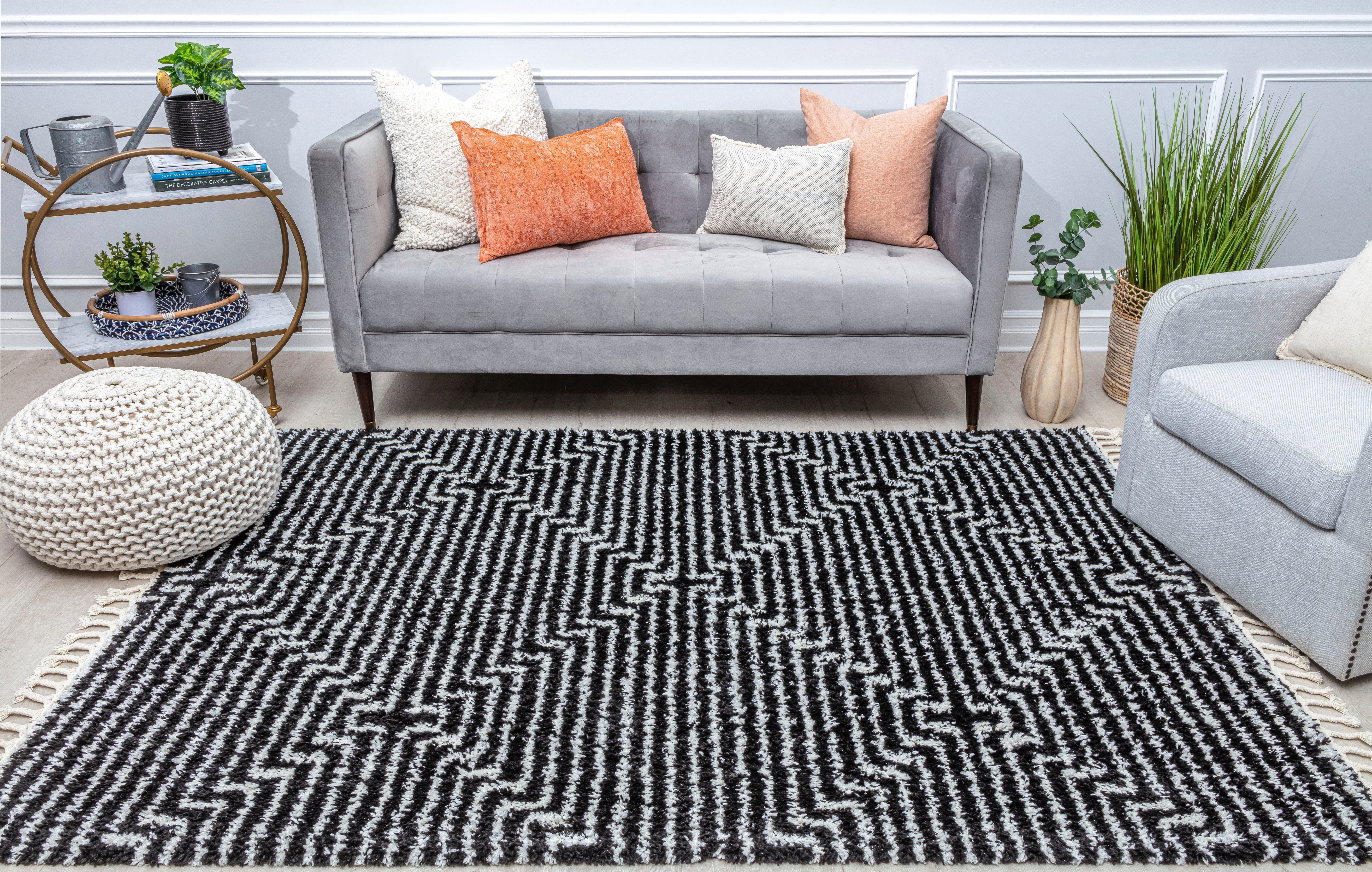 Hochflor-Teppich Bennett BT20, CosmoLiving by Cosmopolitan, rechteckig, Höhe: 32 mm, Boho-Look, Rauten-Design, Scandi-Look, modernder mit Fransen, weich