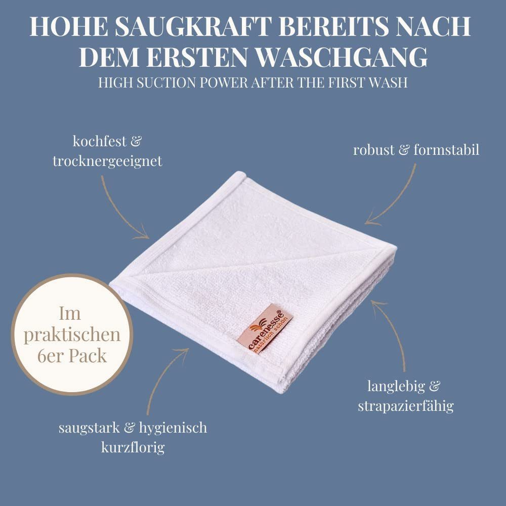 Carenesse Seiftuch 30x30 cm weiß, 6-er Pack Gesichtstuch Babytuch Gästetuch Minitowel, 100% Baumwolle fusselfrei saugstark weich Mini Handtuch Toilettentuch