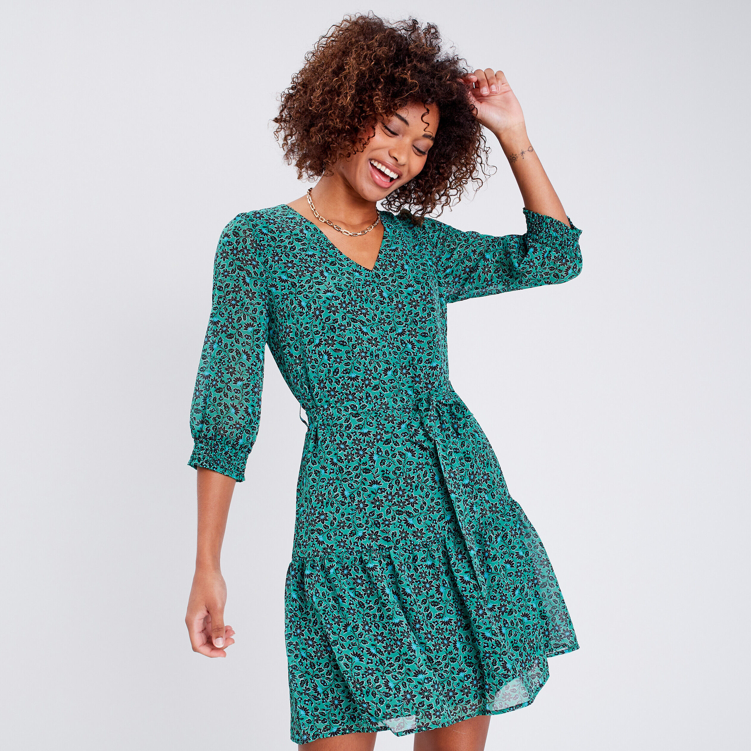 Robe évasée ceinturée vert femme | Cache Cache