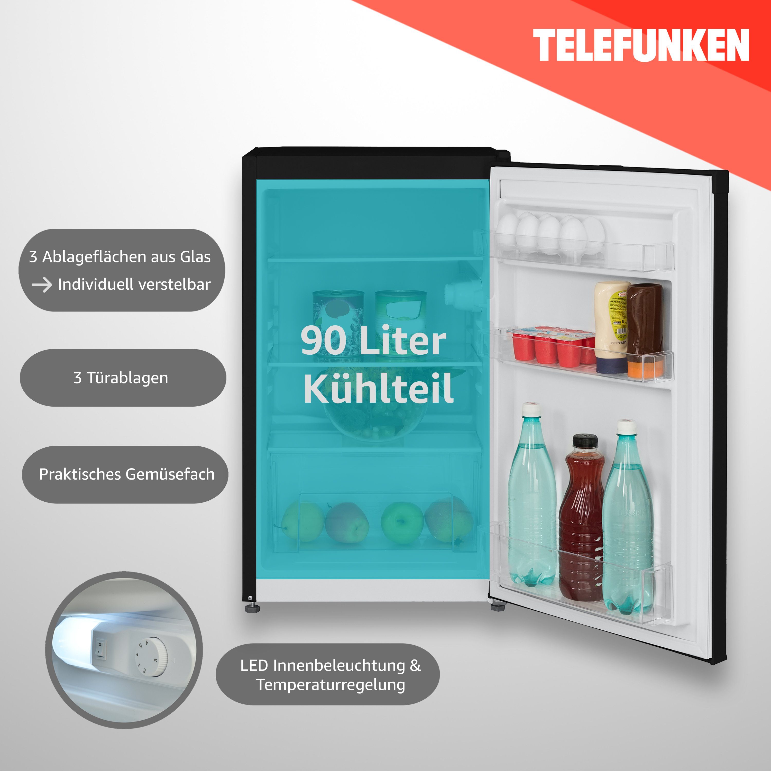 Telefunken Kühlschrank CF-31-121-B, 82.1 cm hoch, 48 cm breit, Ohne Gefrierfach, Freistehend, 90 Liter Nutzinhalt, Klein, Schwarz