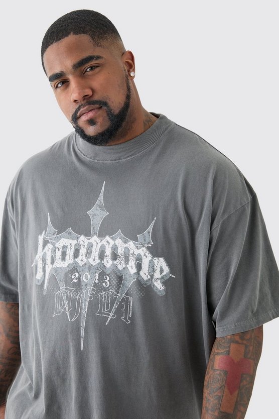 Plus Oversize T-Shirt mit Homme-Print in Grau