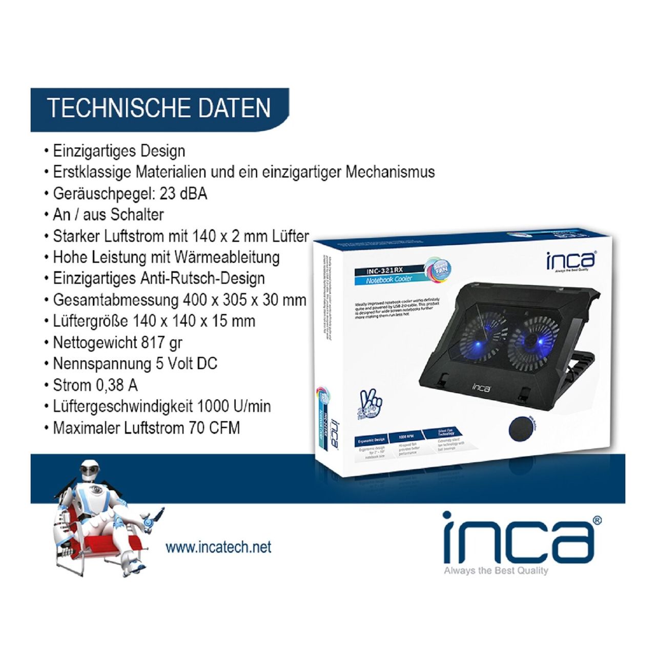 Inca INC-321RX Laptopkühler Notebookkühler geeignet für 7-17-Zoll-Laptops 2x140mm Lüfter