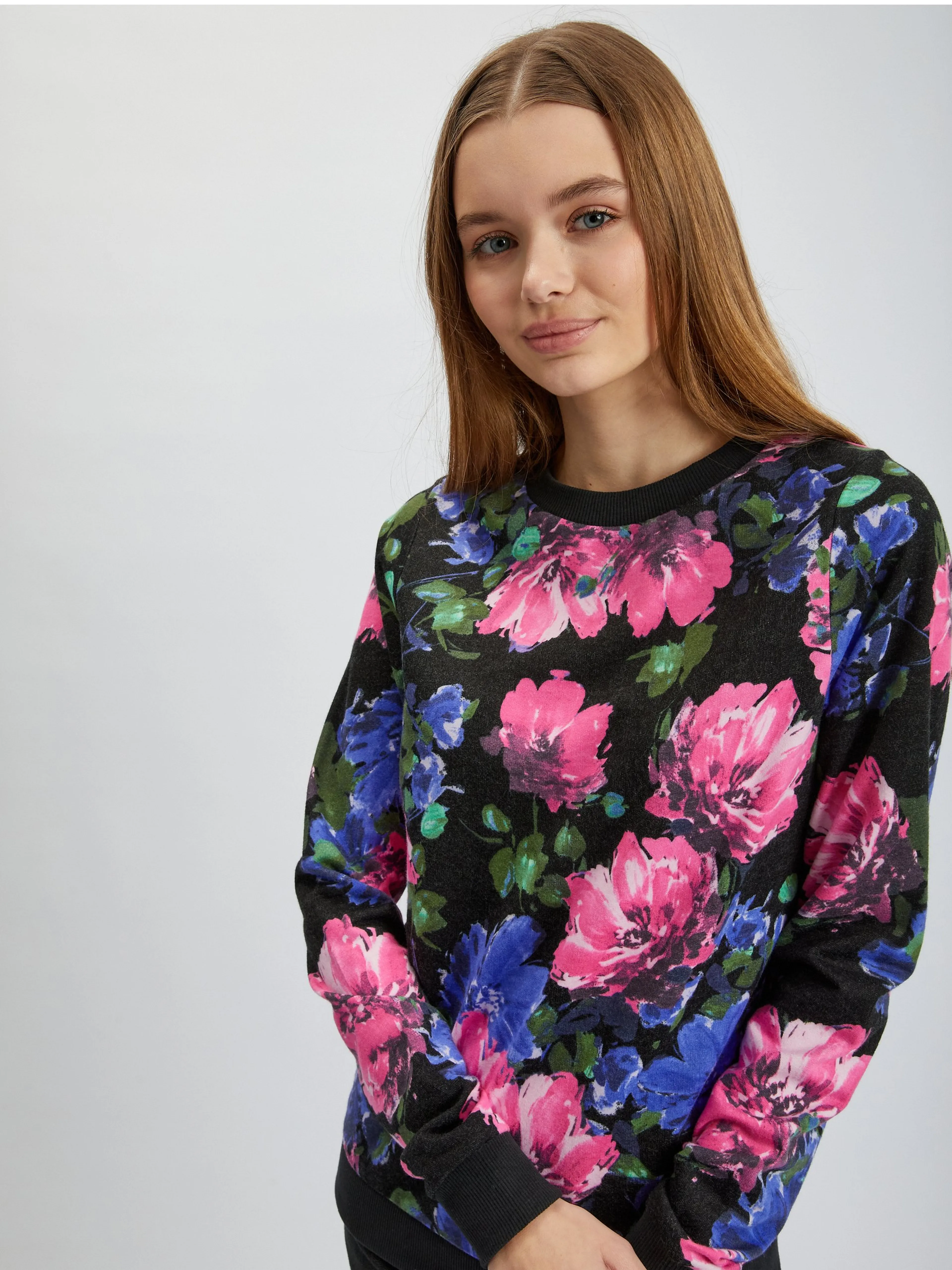 Rosa und schwarzes geblümtes Damen-Sweatshirt ORSAY