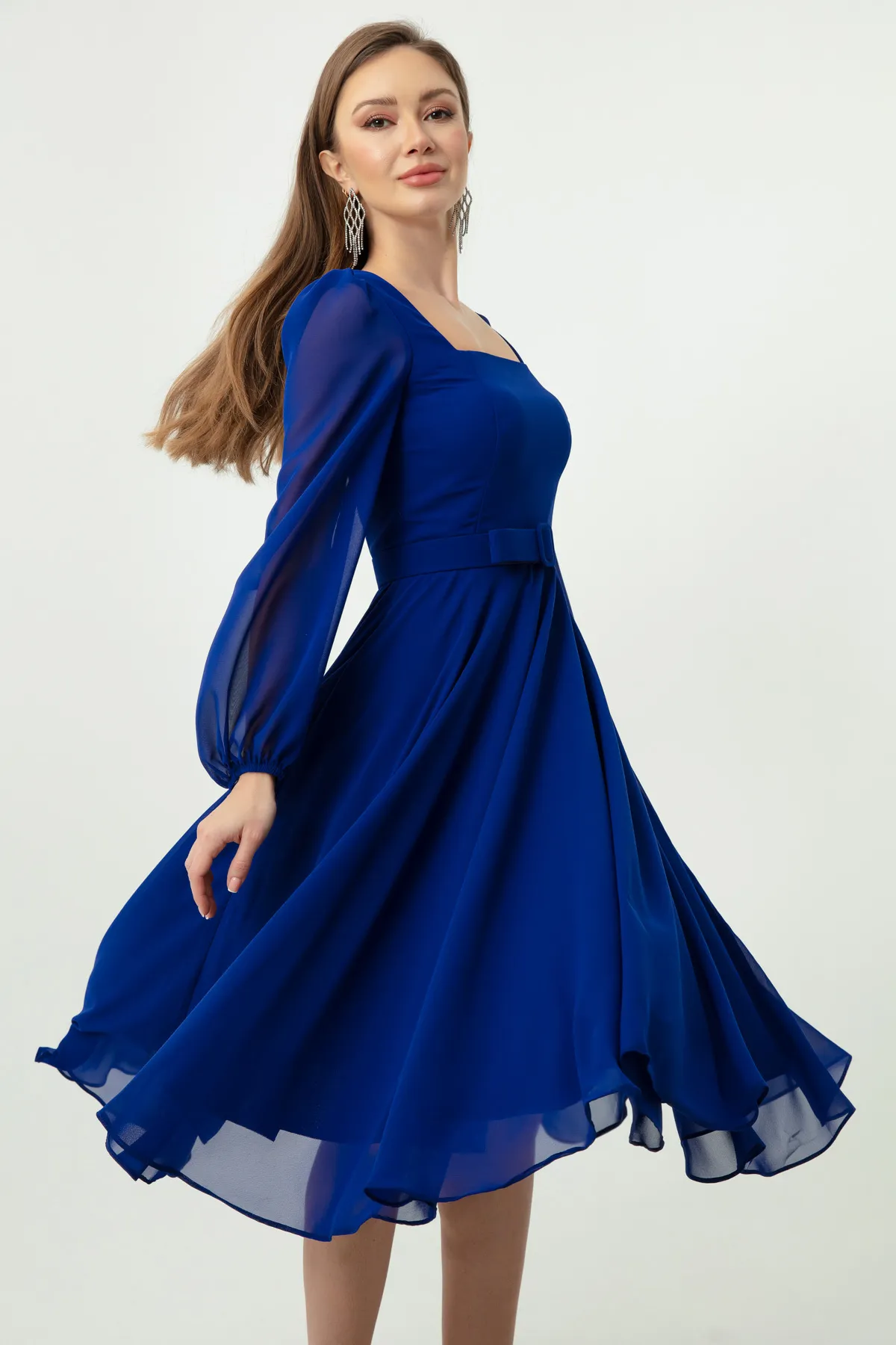 Lafaba  Saks Midi-Chiffon-Abendkleid mit quadratischem Kragen und Gürtel für Damen