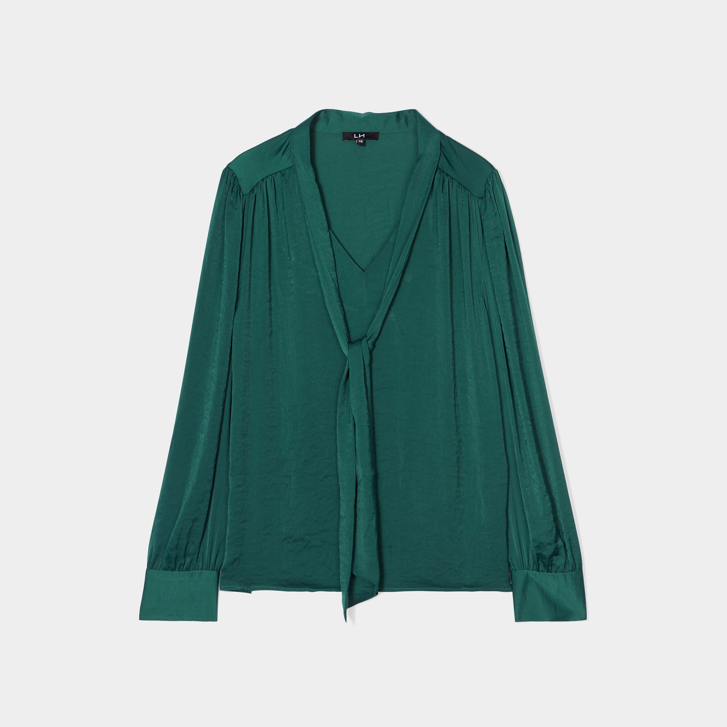 Blouse satin col lavallière droite vert foncé femme | La Halle